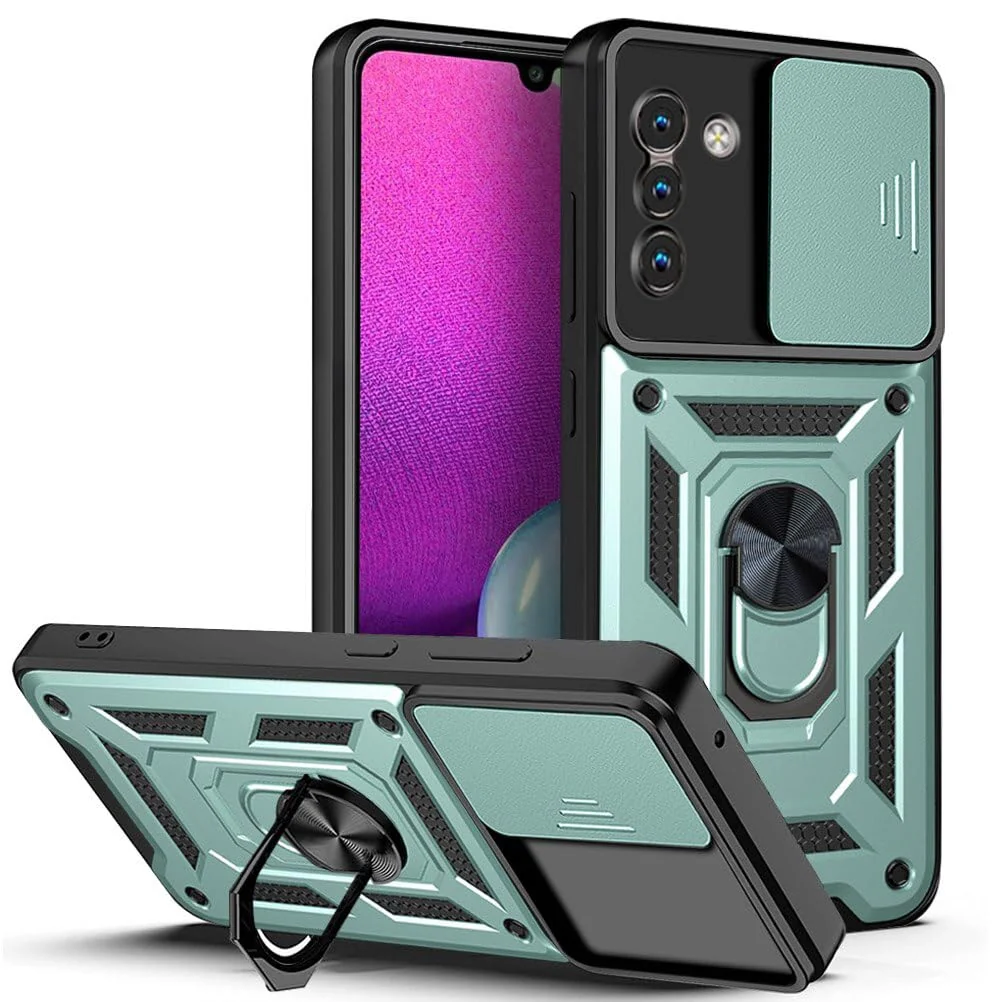 DL3 Mobilak Military-Grade Protective Case with Sliding Camera Cover, Metal Ring Kickstand and Magnetic Car-Mount Support for Nokia G21 / Nokia G11 - Green