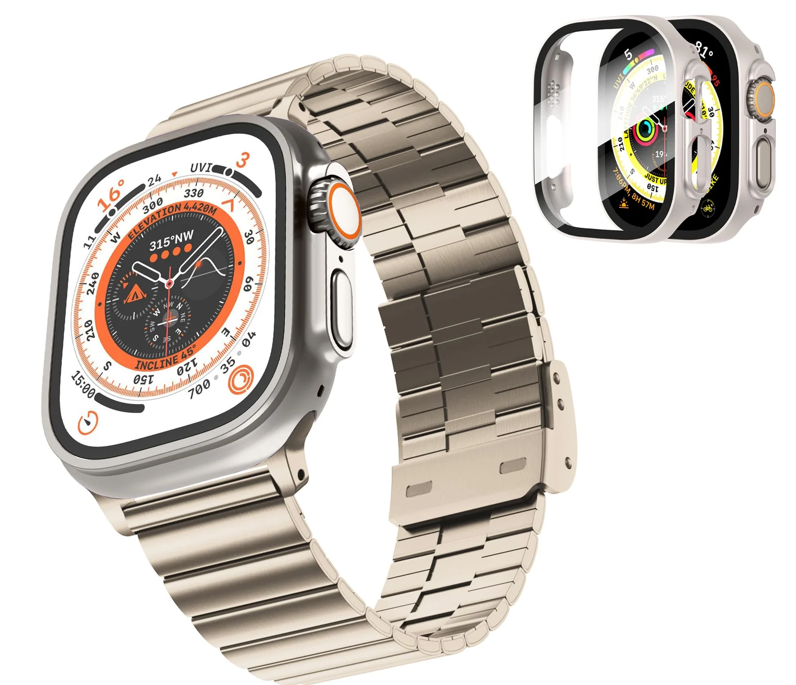 DL3 Mobilak Case with Strap For Apple Watch Ultra 2 49mm Stainless Steel Metal Straps, Hard PC Case With Glass Screen Protector Cover with Strap Bands for Apple Watch Ultra 49mm - Gold