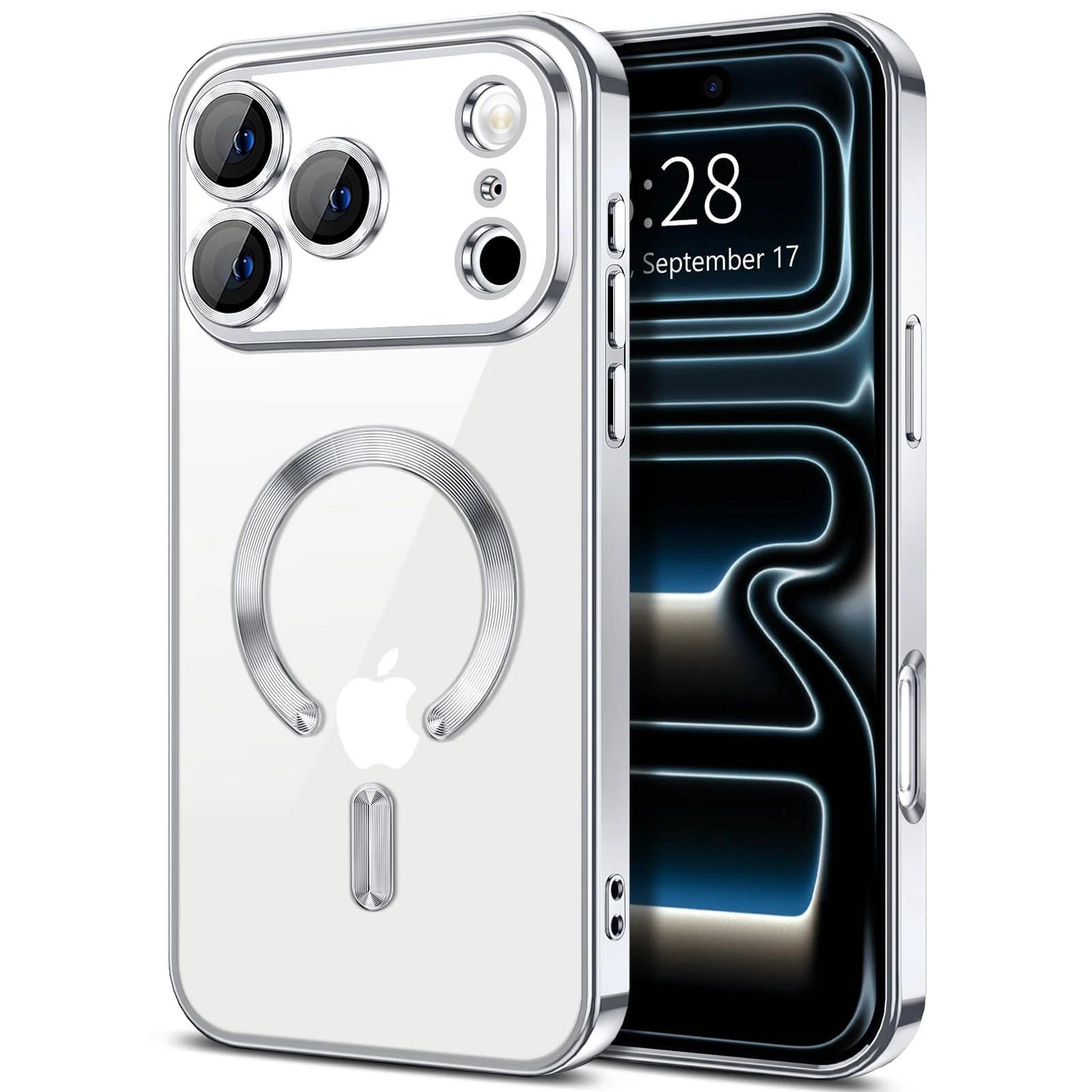 DL3 Mobilak Clear MagSafe-Compatible Magnetic Case for iPhone 17 Pro Max with Camera Protection and Magnetic Car-Mount Support - Silver