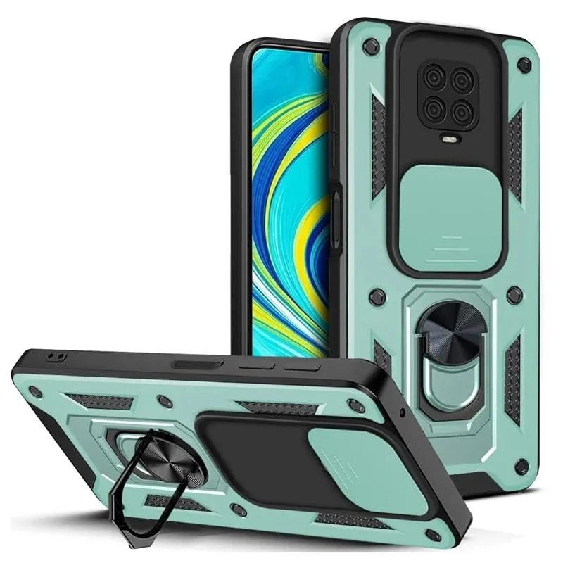 DL3 Mobilak Protective Case with Sliding Camera Cover, Metal Ring Kickstand and Magnetic Car-Mount Support for Xiaomi Redmi Note 9S / 9 Pro / 9 Pro Max - Green