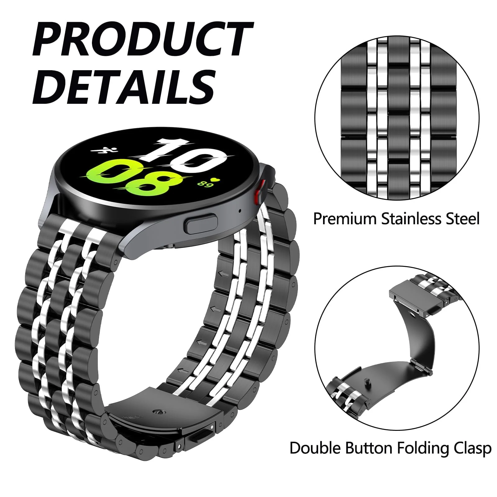 DL3 MOBILAK Adjustable Stainless-Steel Link Watch Strap for watches with 20mm lugs - Black/Silver
