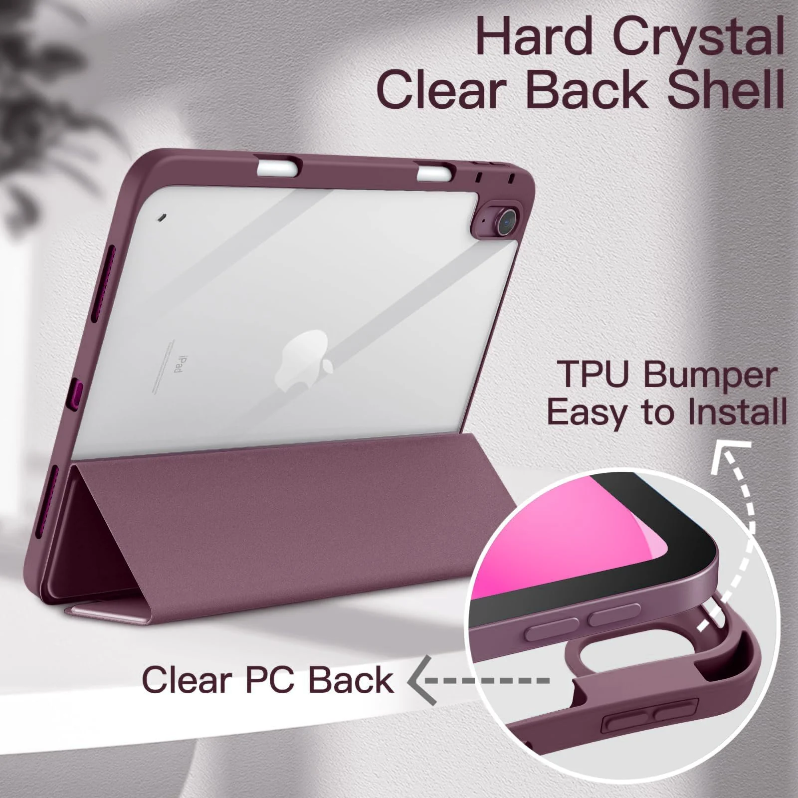 DL3 Mobilak Case for For iPad Air 11-Inch M2 (2024), iPad Air 5/4 (2022/2020 5th/4th 10.9-Inch), Clear Shockproof Back Cover Built-in Pencil Holder, Auto Sleep/Wake - Wine Red