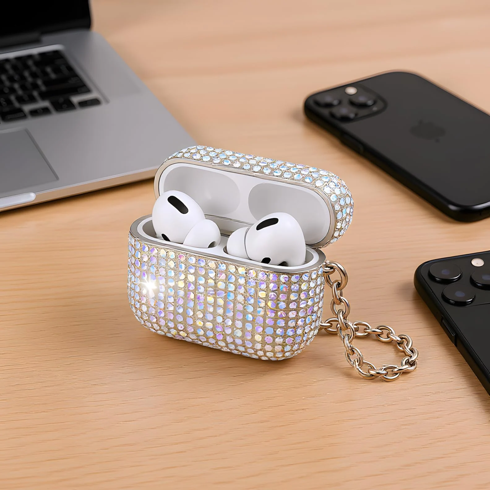 DL3 Mobilak Luxury Rhinestone Case for Apple AirPods 4, Sparkling Glitter Protective Cover with Metal Hand Chain, Shockproof Ideal Gift for Women & Girls for AirPods 4th Generation 2024 - Colorful