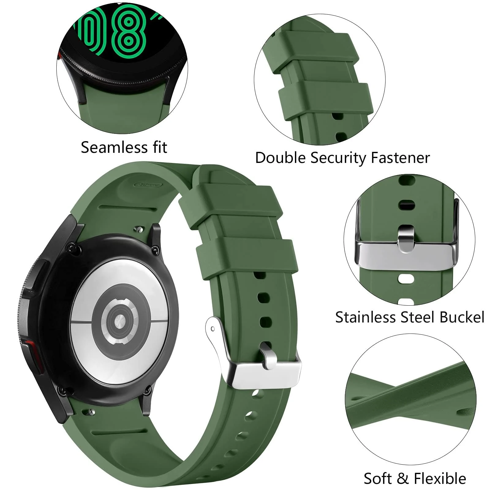 DL3 Mobilak No Gap Bands Compatible with Samsung Galaxy Watch 7 5 4 6 44mm 40mm/Watch5 Pro Band 45mm/Galaxy Watch 4 Classic 46mm 42mm Strap,20mm Quick Release Sport Replacement Strap - Army Green