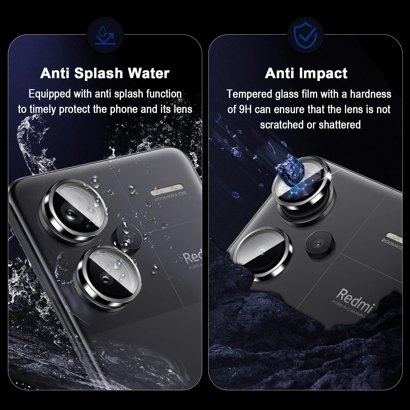 DL3 Mobilak Camera Lens Protector for Xiaomi Redmi Note 13 Pro+ Plus 5G Accessories, 9H Tempered Glass Metal Individual Ring Camera Cover Screen Protector, Case Friendly, Anti Scratch - Black