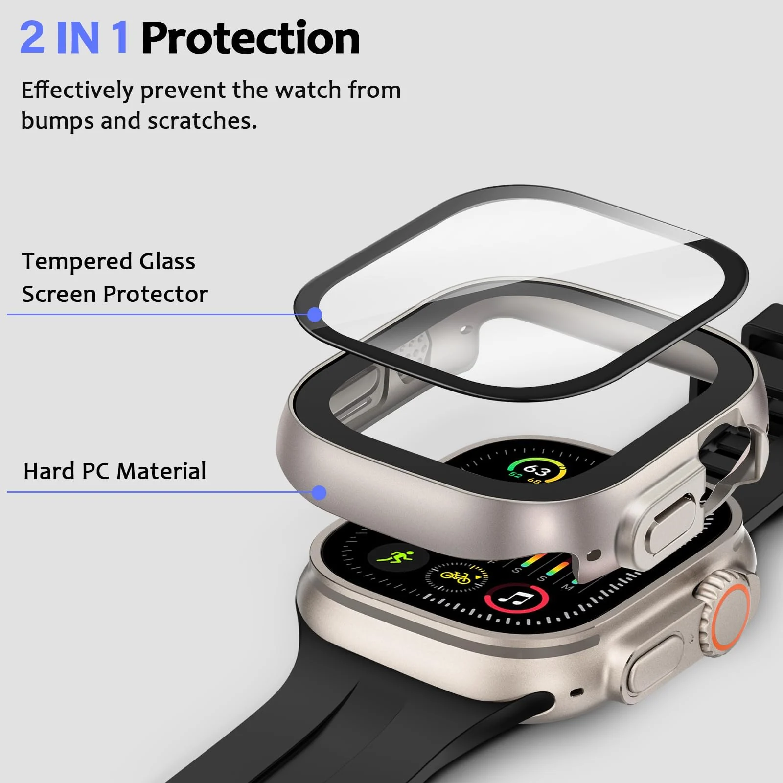 DL3 Mobilak Hard Case Designed for Apple Watch Ultra 2 (2023) / Ultra 1 49mm, Built-in 9H [HD Clear] Tempered Glass Screen Protector, [Full Protection] Slim Cover for iWatch 49mm - Titanium