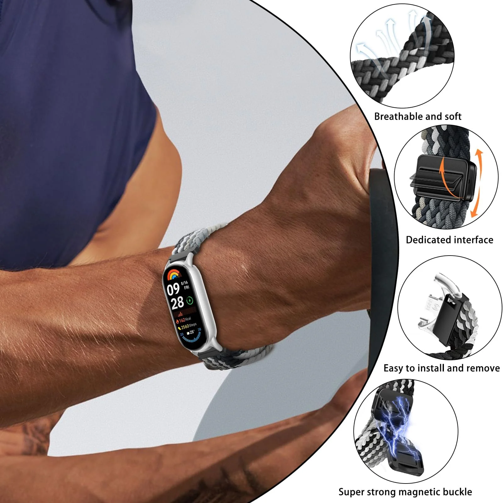 DL3 Mobilak Braided Strap for Xiaomi Mi Band 10/9/8, Men Women Breathable Elastic Nylon with Magnetic Buckle Watch Band for Xiaomi Smart Band 10/Xiaomi Smart Band 9/8 - Dark Chocolate