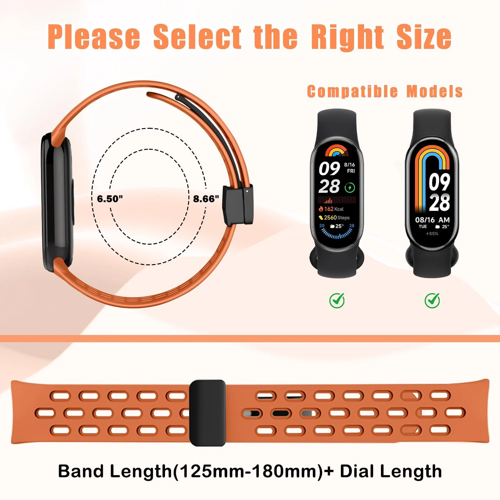 DL3 Mobilak Strap For Xiaomi Mi Band 10/9/8 Magnetic Metal Buckle Sport Silicone Breathable Strap for Men Women Band Quick Release Soft Replacment Wristband For Xiaomi Smart Band 8/9/10 - Orange