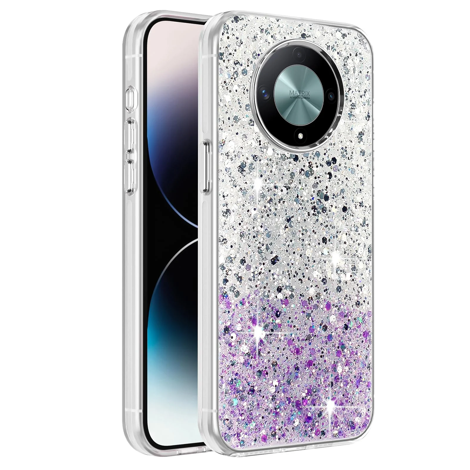 Dl3 Mobilak Compatible with Honor X9b/Honor Magic 6 Lite Case, Clear Glitter Bling Sparkly, Soft TPU Frame Bumper, Hard-Back Cover for Women & Girls, Transparent Protective Phone Case (Pink Purple)