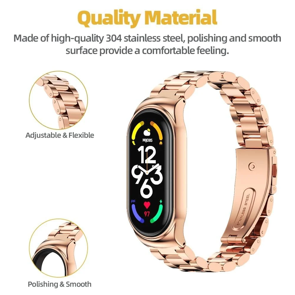 DL3 Mobilak Compatible For Xiaomi Mi Band 7 Strap, Metal Bracelet MiBand 7 Waterproof Stainless Steel Wrist Strap Accessory Band Strap for Xiaomi Mi Smart Band 7 - pink