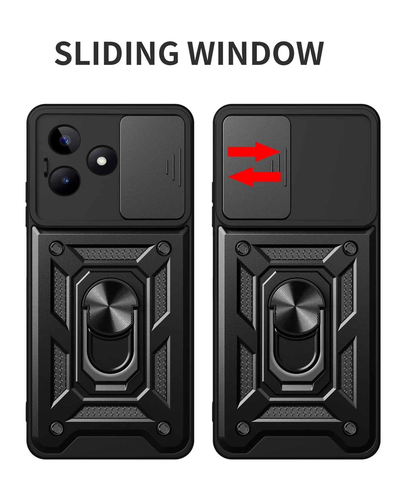 DL3 Mobilak Silicone Protective Case for realme C53 / Narzo N53 with Slide Camera, Built-in magnetic car-mount support, Shock-absorbing protection, Built-in kickstand - Black