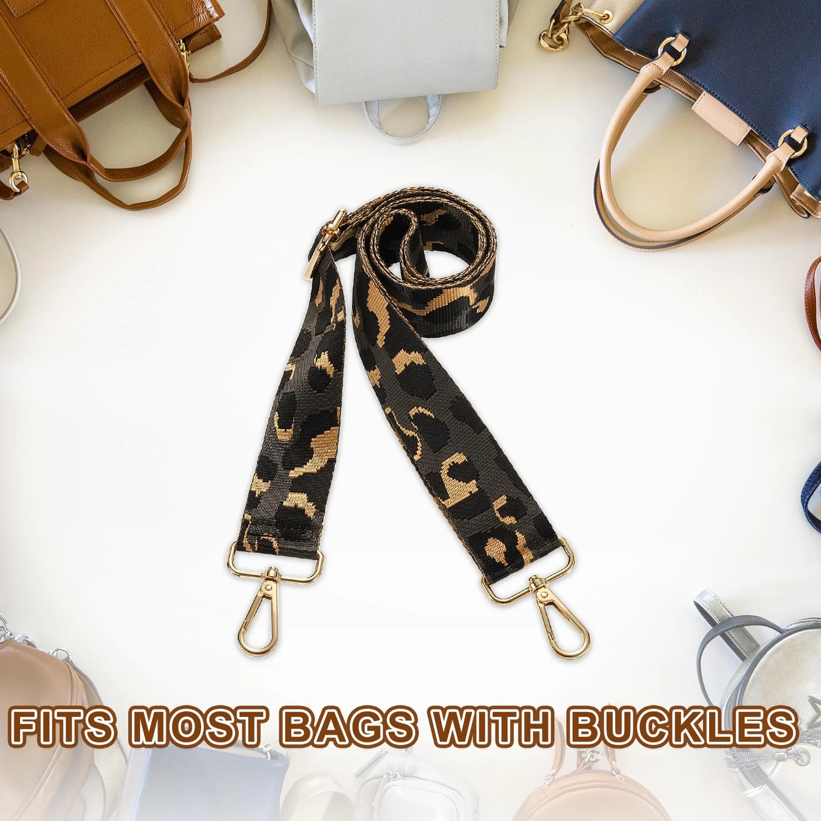 DL3 Mobilak Adjustable Wide Crossbody Bag Strap for Women, Replacement Shoulder Strap for Handbags, Totes & Purses with Elegant Embroidered Pattern and Metal Hooks - Leopard Dark Gray