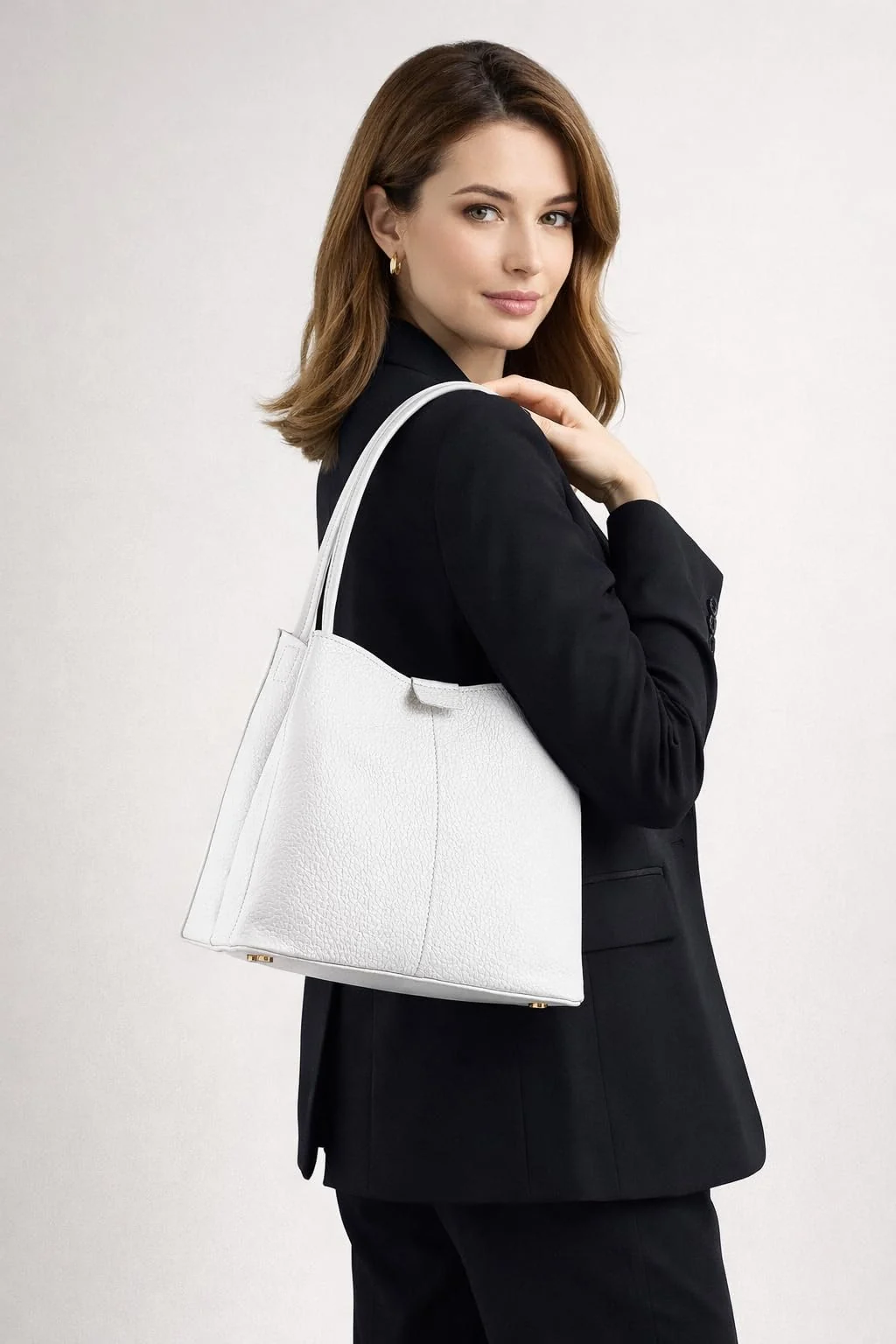 Mobigon Premium Women’s Handbag with Pebbled PU Leather, Elegant Top-Handle Design, 3 Organized Compartments, Zippered Center with Inner Pockets & Magnetic Closures for Work & Daily Use - White