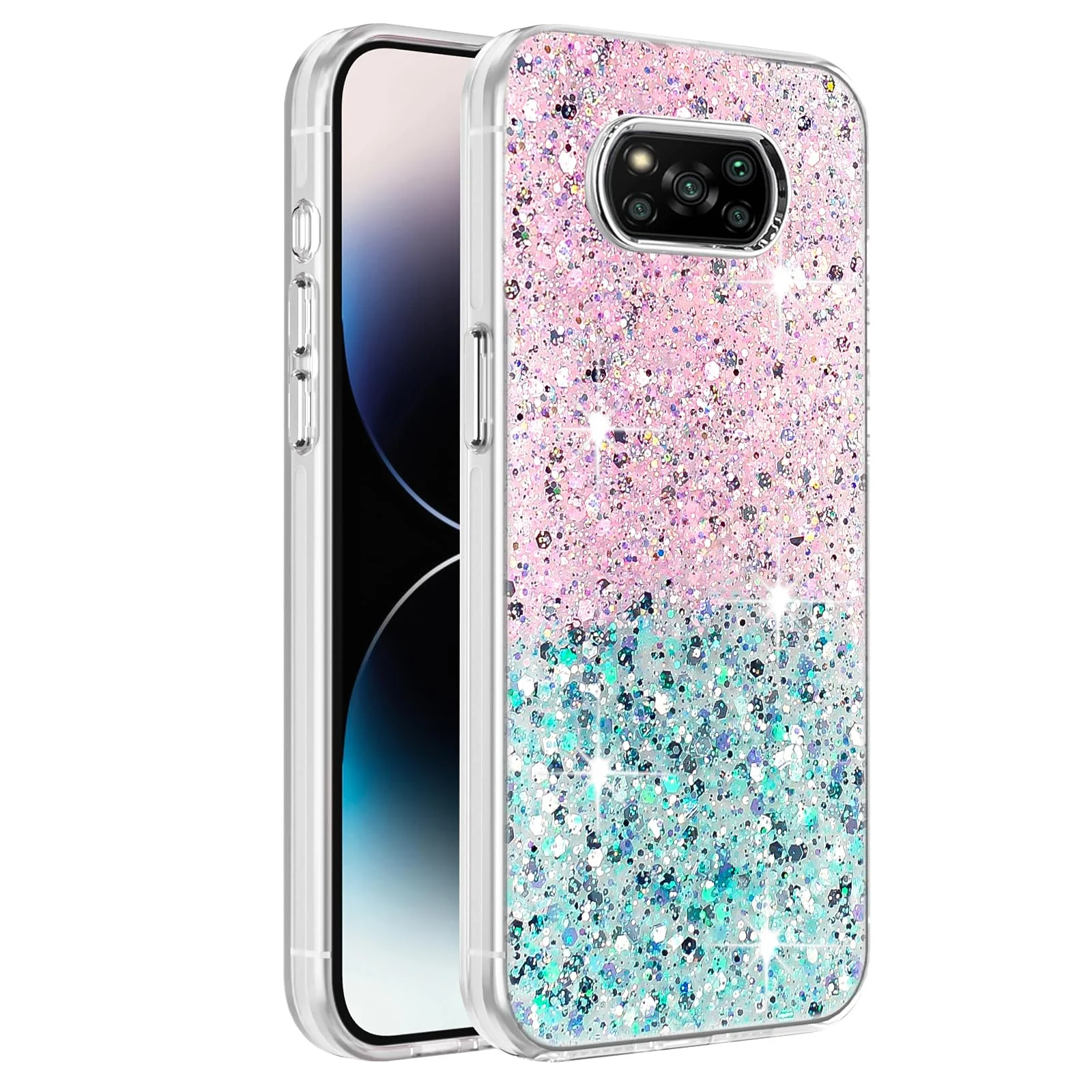 DL3 Mobilak Compatible with Poco X3/X3 NFC/Poco X3 Pro Case, Clear Glitter Bling Sparkly, Soft TPU Frame Bumper, Hard-Back Cover for Women & Girls, Transparent Protective Phone Case - Pink Green