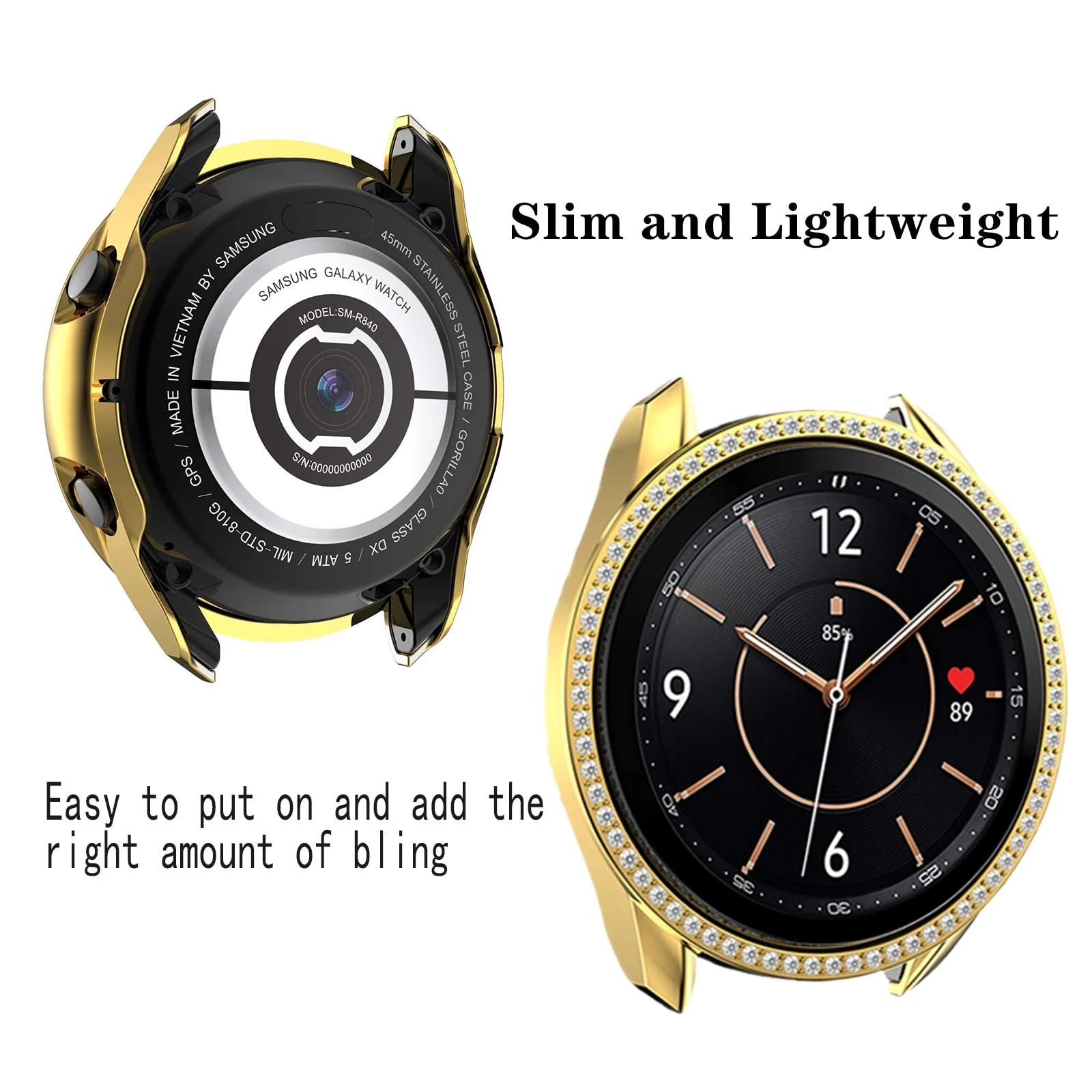 DL3 Mobilak Bumper Diamond Case Compatible with Samsung Galaxy Watch 3 45MM, Bling Crystal Diamonds PC Plastic Protector Case Cover Frame for Galaxy Watch3 45 MM - Gold