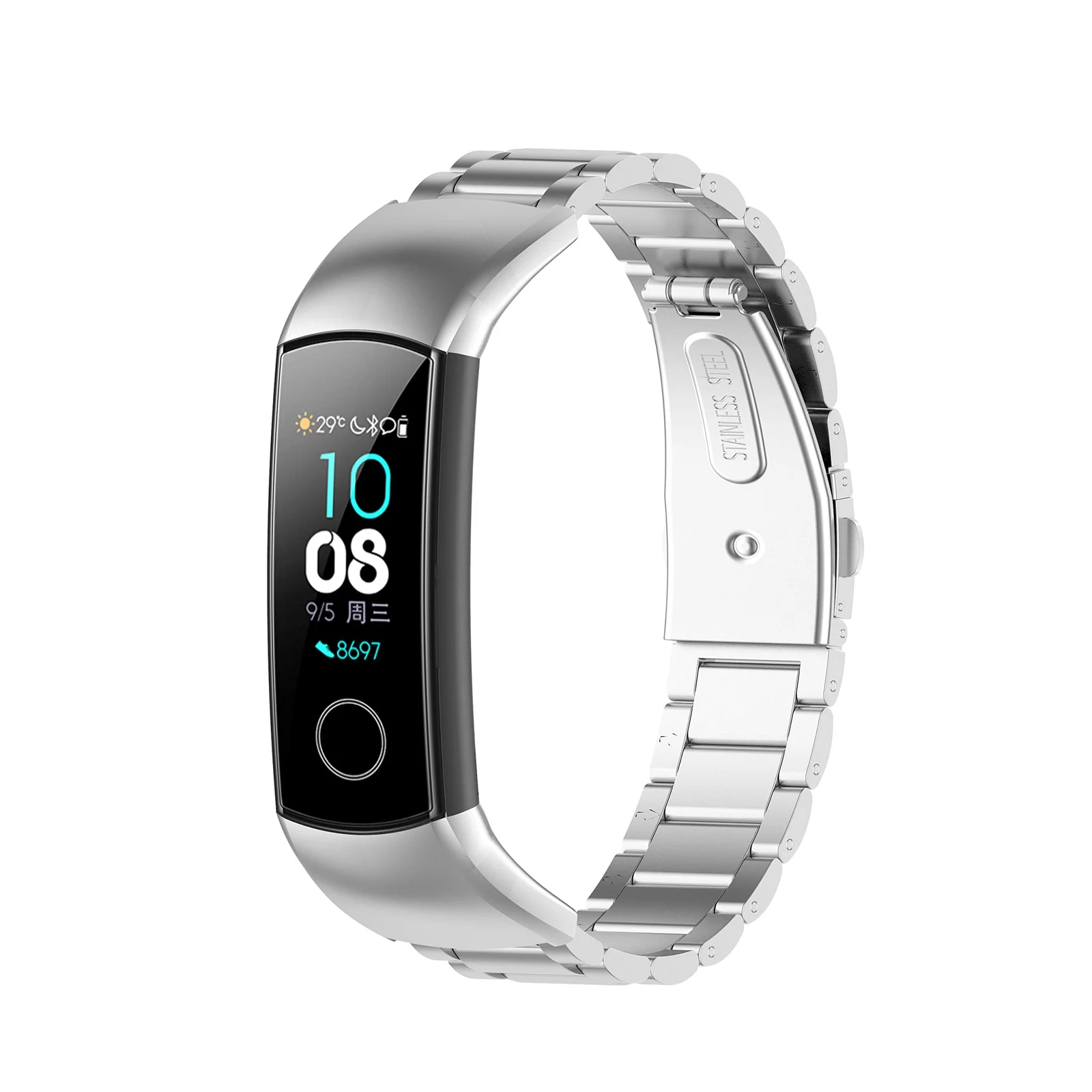 DL3 Mobilak Metal Strap Compatible With HONOR Band 5 and 4 - Adjustable Stainless Steel Buckle Wristband Replacement for Honor Band 5/4 - Black - Silver