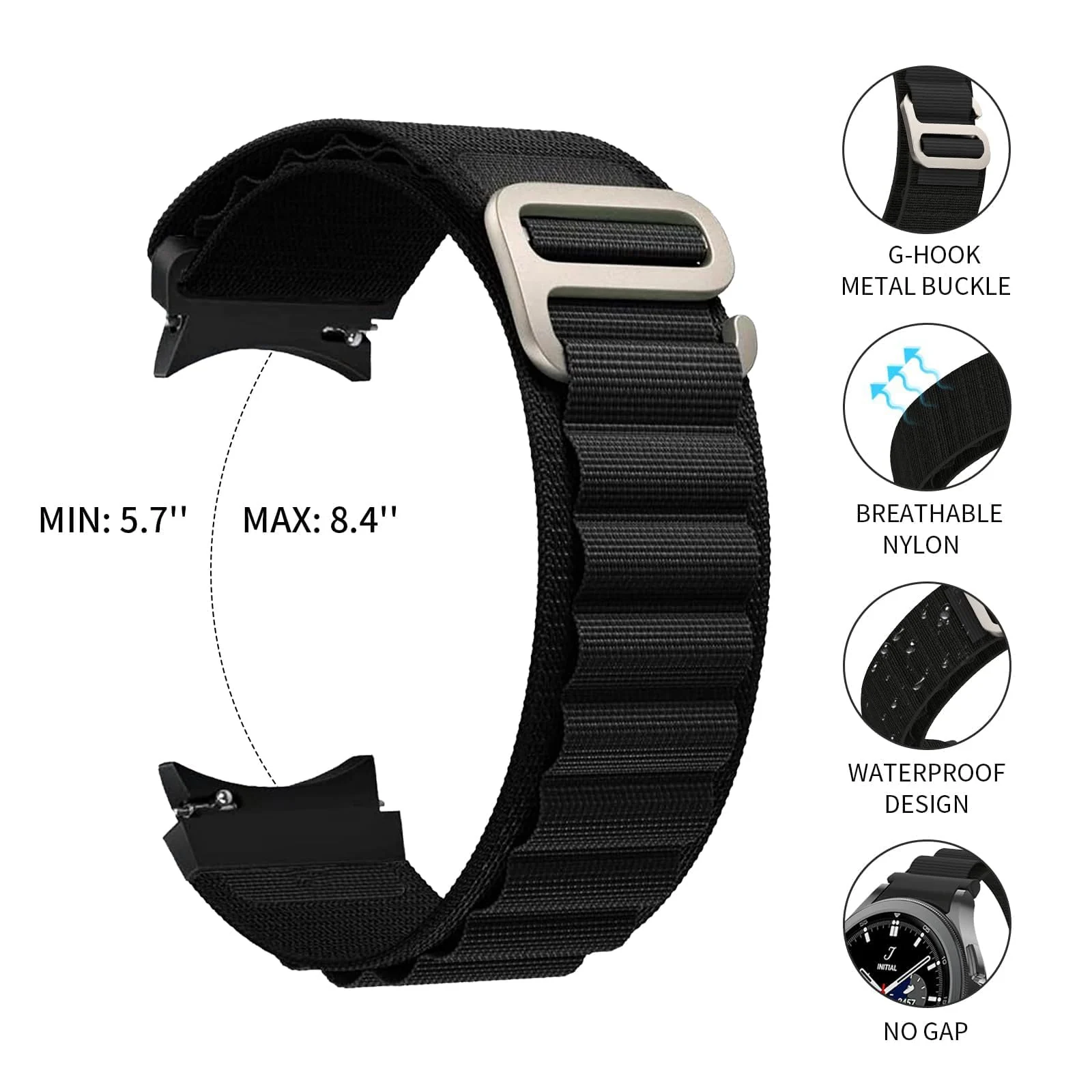 DL3 Mobilak No-Gap Nylon Watch Bands Compatible with Samsung Galaxy Watch 6 5 4 Band 40mm 44mm/Watch 5 Pro Band 45mm/Watch 6 4 Classic Band 42mm 43mm 46mm 47mm, Alpine Loop Woven Sport Strap Men Women - Black