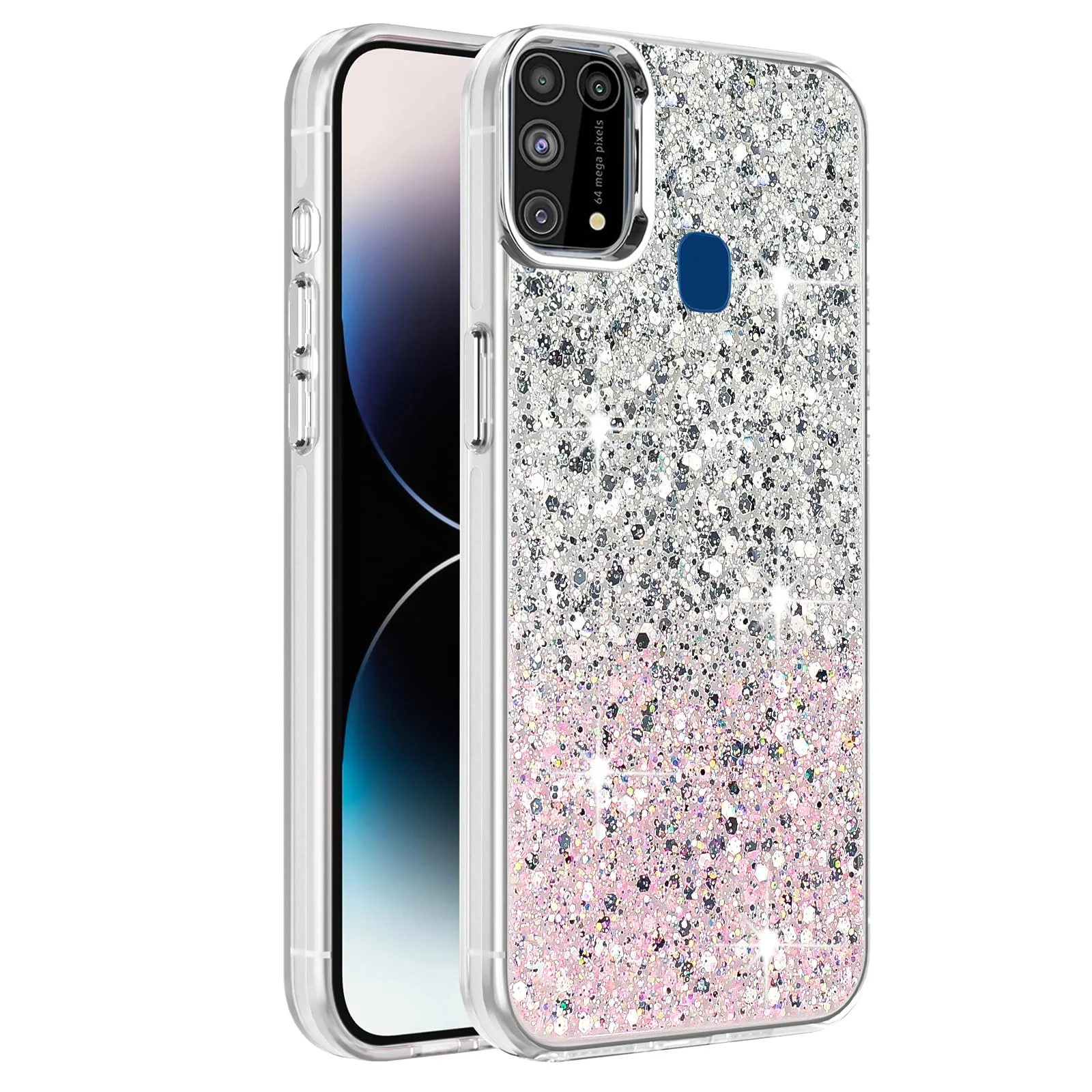 DL3 Mobilak Compatible with Samsung Galaxy M31/M21s Case, Clear Glitter Bling Sparkly, Soft TPU Frame Bumper, Hard-Back Cover for Women & Girls, Transparent Protective Phone Case - White Pink