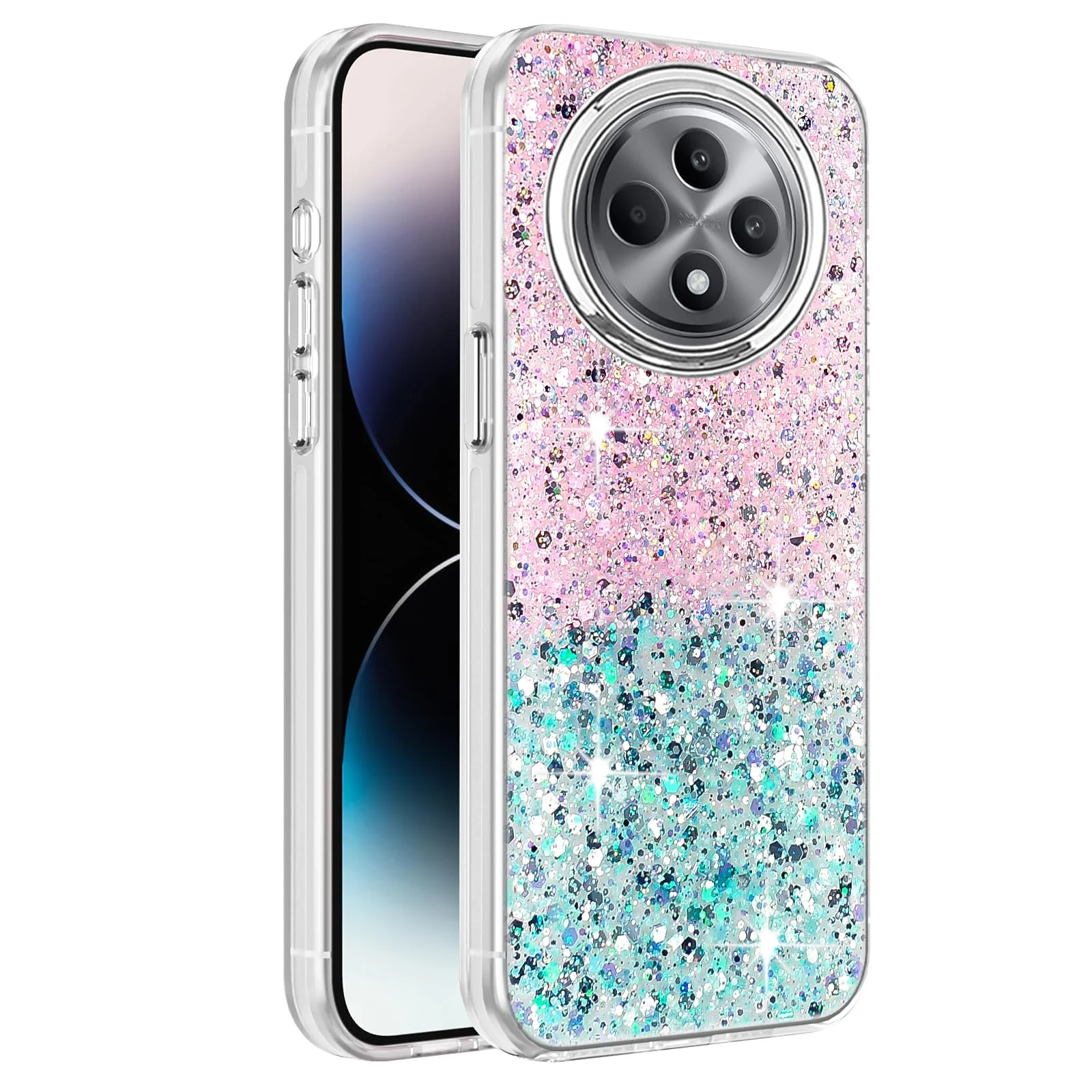 DL3 Mobilak Compatible with OPPO Reno 12 F/Reno 12F Case, Clear Glitter Bling Sparkly, Soft TPU Frame Bumper, Hard-Back Cover for Women & Girls, Transparent Protective Phone Case - Pink Green
