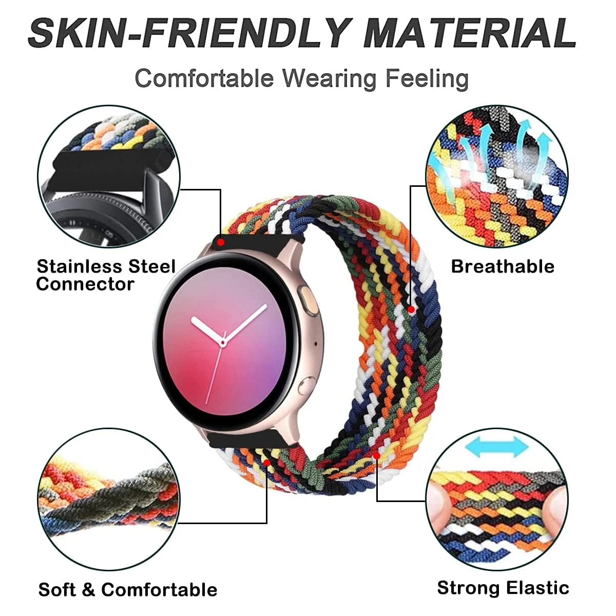 DL3 Mobilak Band 20MM Nylon Braided Solo Loop Strap For Samsung Gear Sport/Watch 6/5/4 40mm 44mm/Watch 6 Classic 43mm 47mm/ 5 Pro 45mm/active 2 40mm 44mm (Colorful, Small) - Colorful