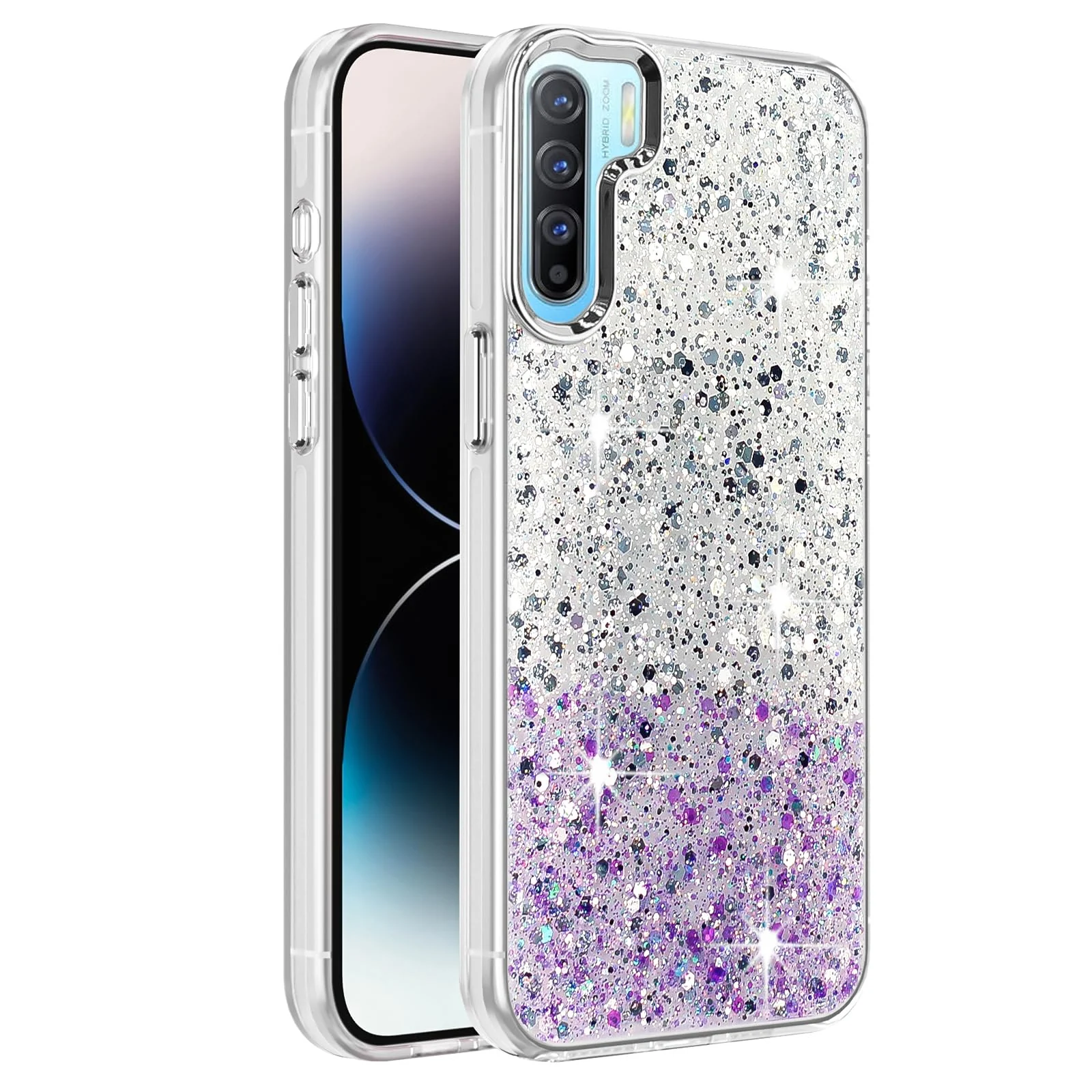Dl3 Mobilak Compatible with Oppo Reno 3 Case, Clear Glitter Bling Sparkly, Soft TPU Frame Bumper, Hard-Back Cover for Women & Girls, Transparent Protective Phone Case (Pink Purple)
