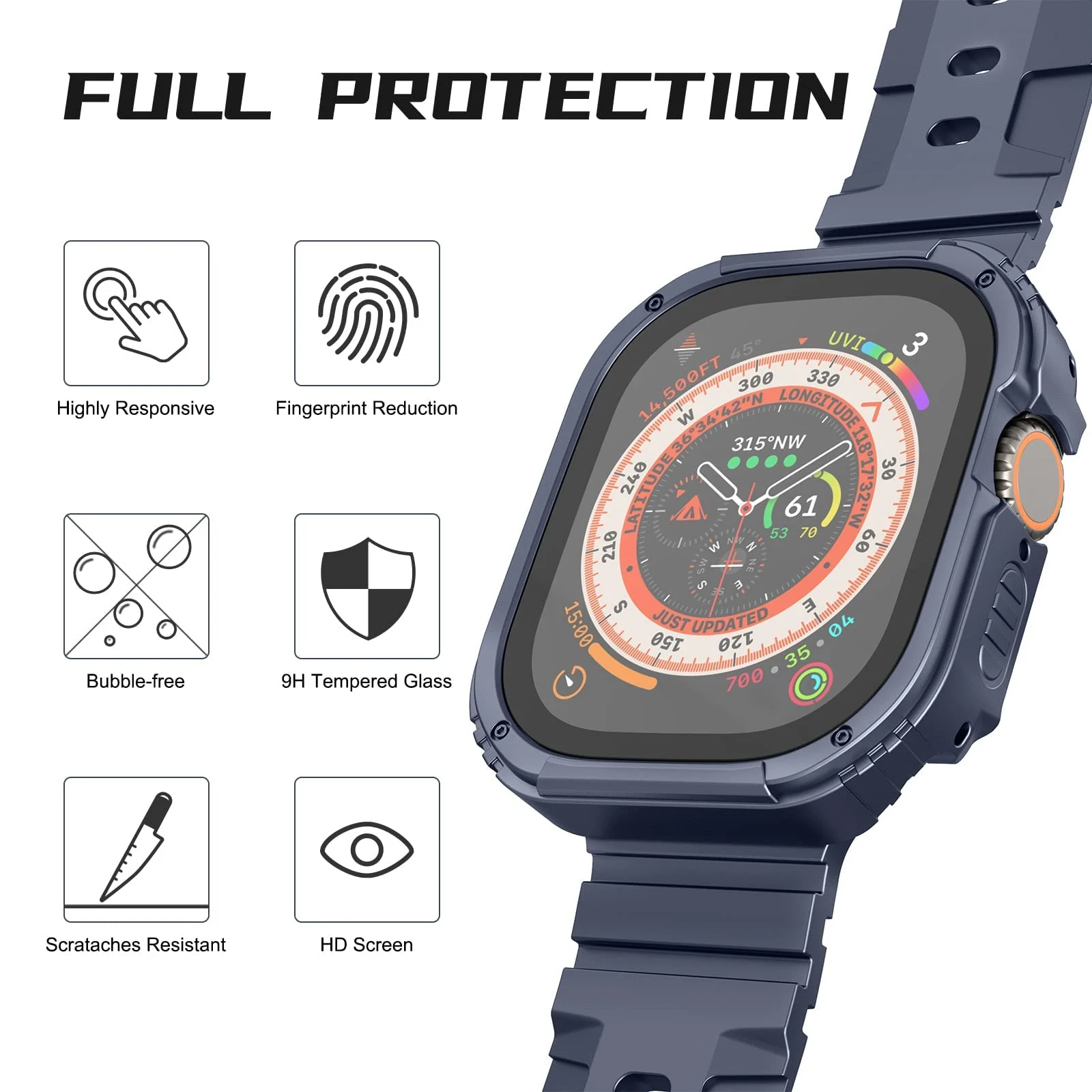 DL3 Mobilak Case Rugged For Apple Watch Ultra 2 / Ultra 49mm with Screen Protector, Durable Military Grade Quattro Pro Series Drop-Proof Protective Cover Full Coverage Shock-Proof Bumper - Blue