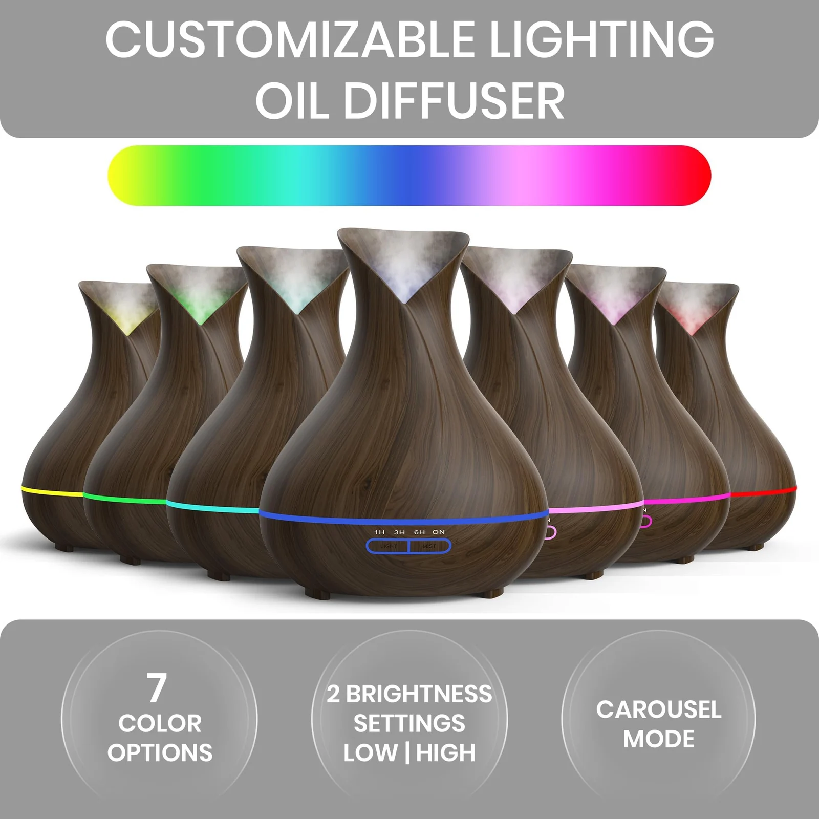 Mobigon Essential Oil Diffuser, Aromatherapy Diffuser 500ml with Remote Control, 4 Timer & Auto-Off Safety Switch, 7 Color LED Lights Mode, 10 Hours Quiet Humidifier for Bedroom - Dark Woody