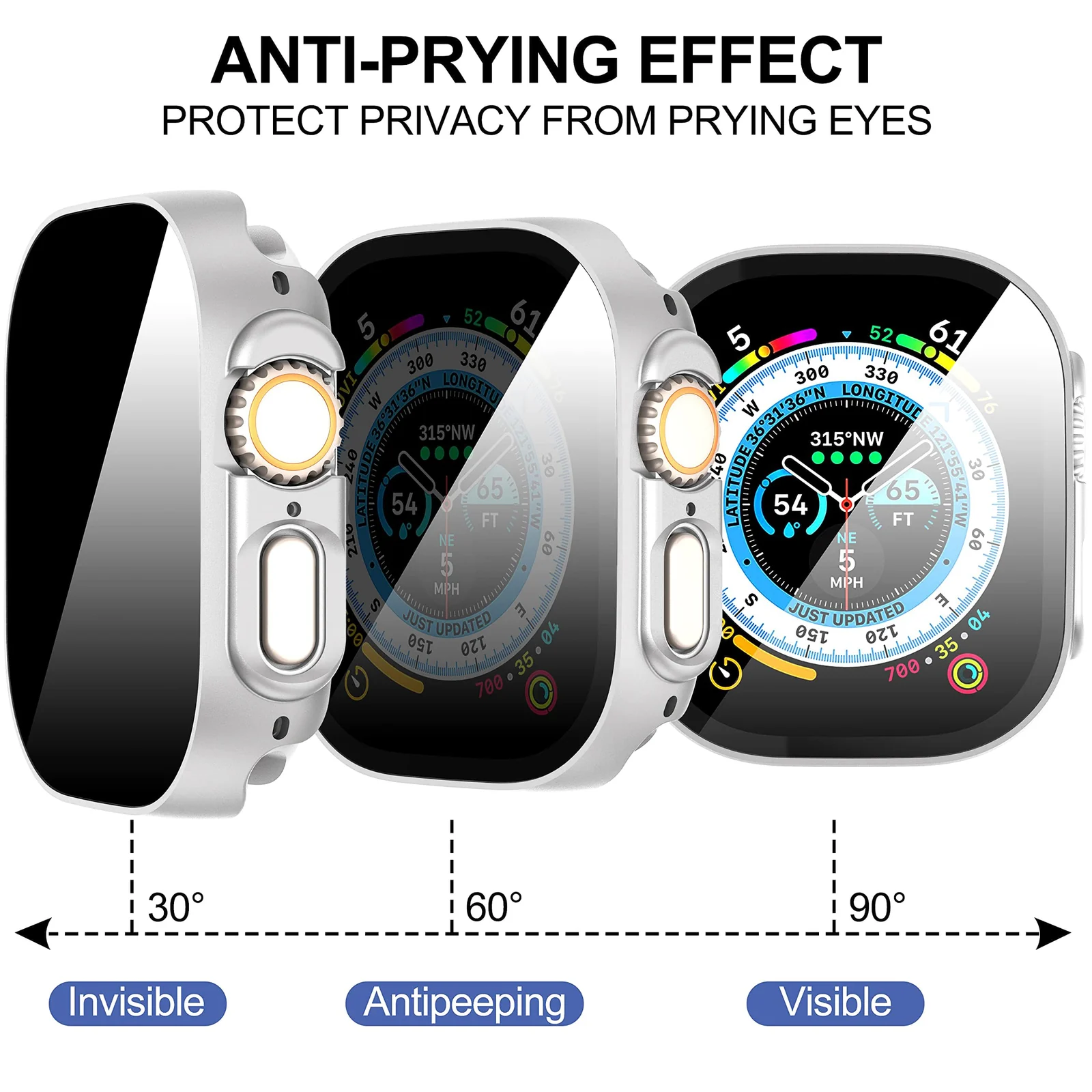DL3 Mobilak Cover for Apple Watch Ultra 3/2/1 49mm Privacy Screen Protector Anti Spy, Shockproof Bumper Case, Integrated Hard PC Protective Case in HD Tempered Glass for Apple Watch Ultra - Silver
