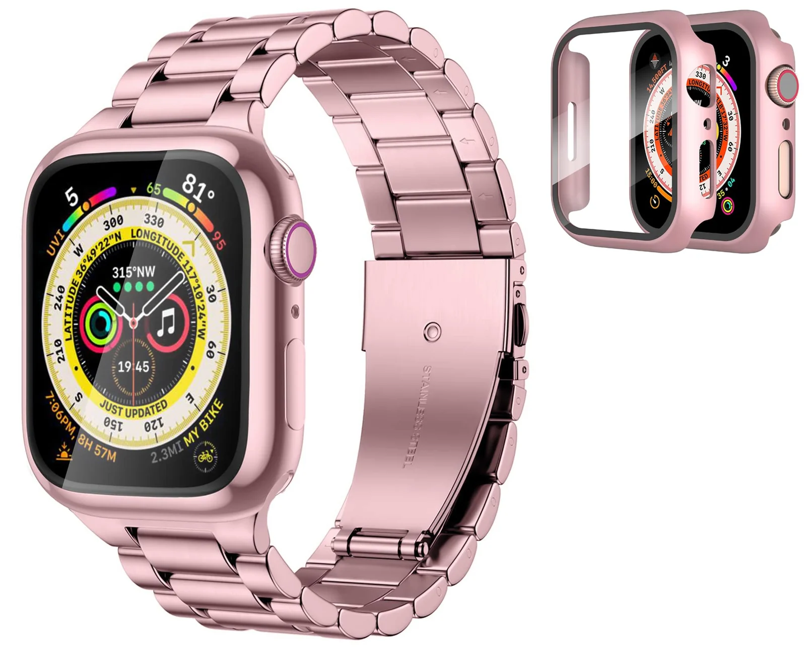 DL3 Mobilak Stainless Steel Band with Case Compatible with Apple Watch Band 45mm Series 9/8/7, Men Woman Business Strap with Protective Bumper Cover for iWatch Series 7/8/9 45mm - Pink