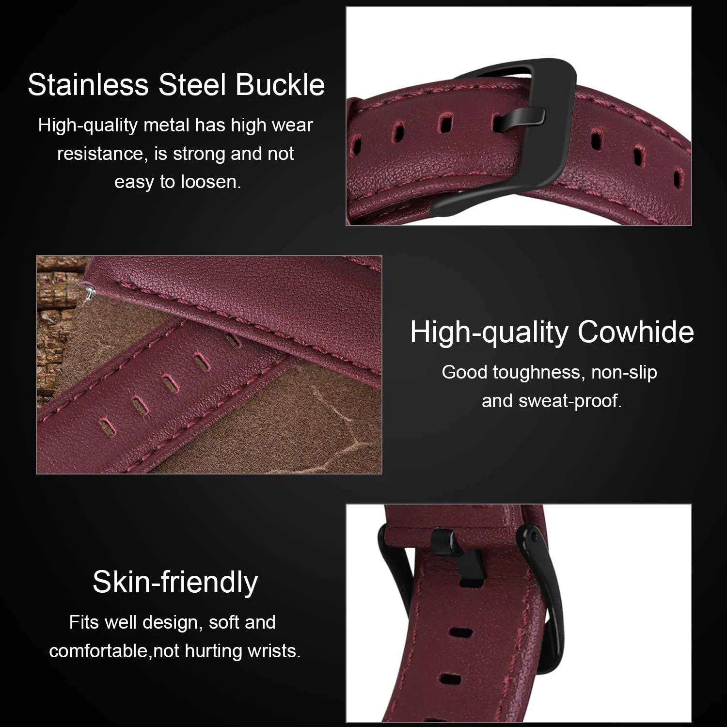 DL3 Mobilak Leather Band 20MM Strap For Samsung Gear Sport/Watch 4/Watch 5/5 Pro /S2 classic/active 2 40mm 44mm/Amazfit GTS 3/ GTS 4/4 Mini/Bip 3/Pro/GTS 2 mini/GTS 2e/Bip U/UPro - Wine Red