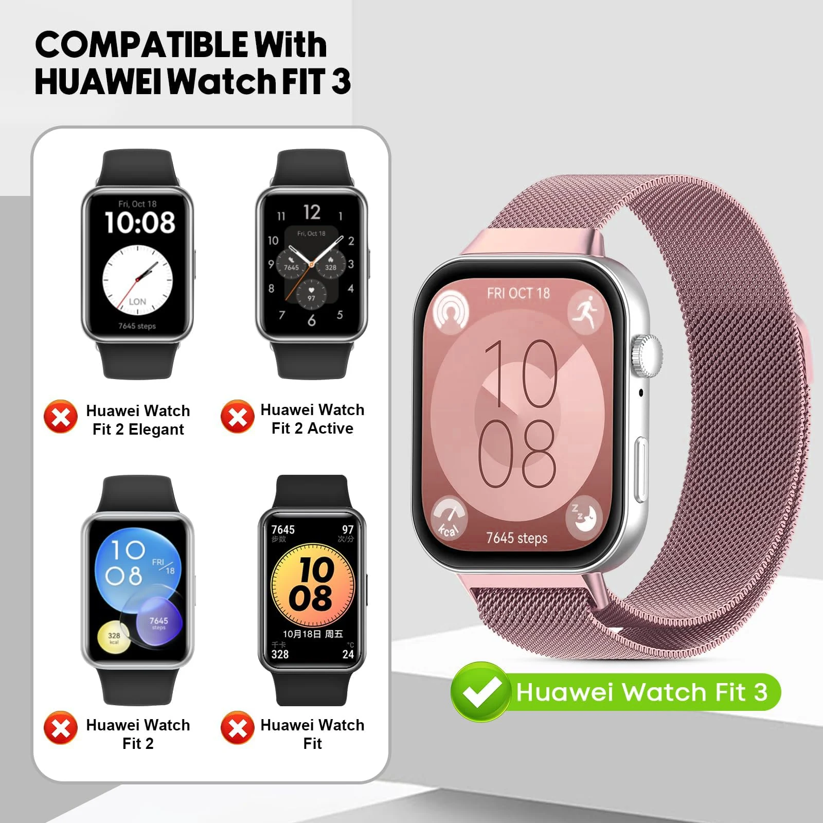 DL3 Mobilak Bracelet Compatible with Huawei Watch Fit 3, Stainless Steel Replacement Straps, Mesh Metal Watch Strap, Magnetic Adjustable Replacement Strap For Huawei Watch Fit3 - Pink