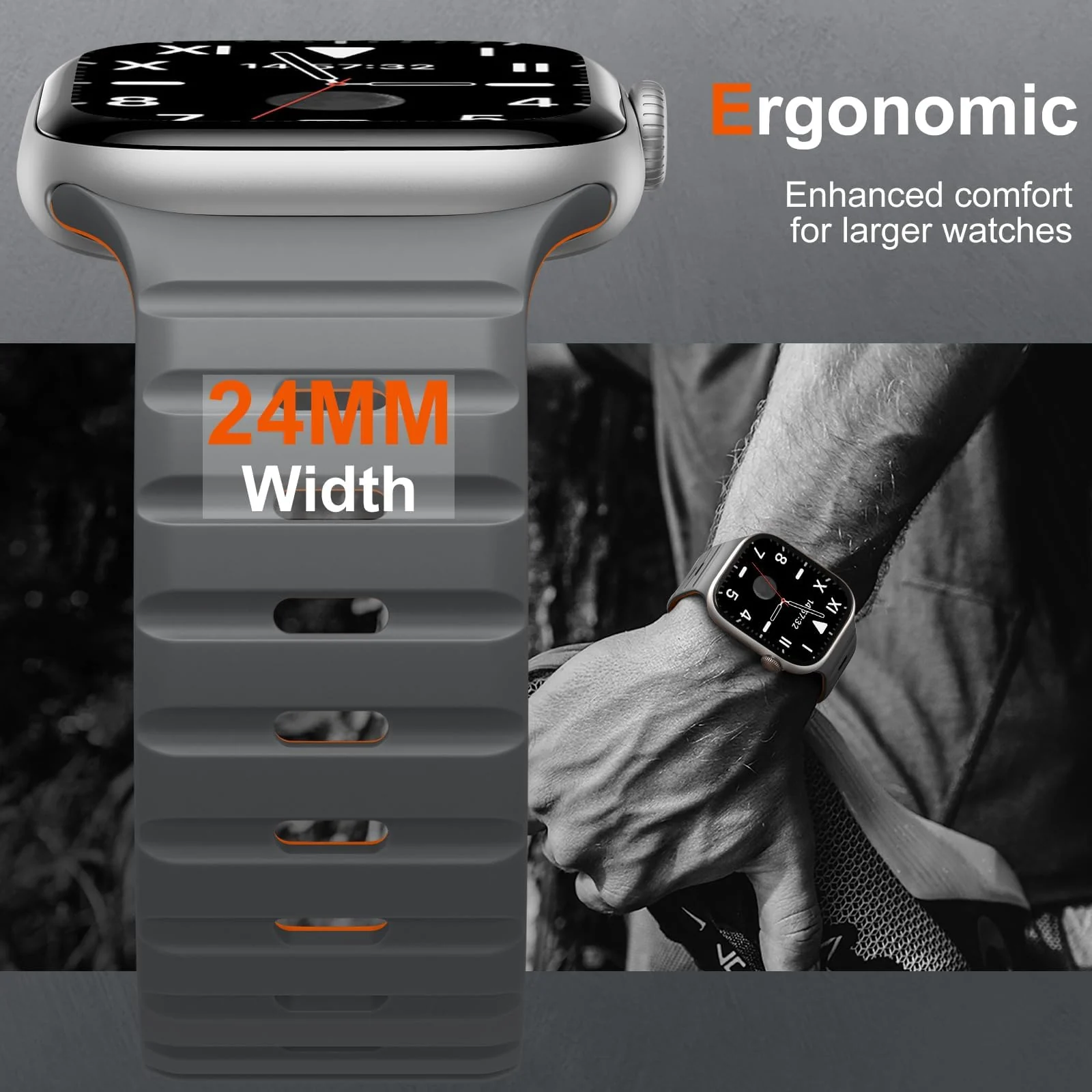 DL3 MOBILAK Adjustable Silicone Sports Watch Strap for 49MM - Gray/Orange