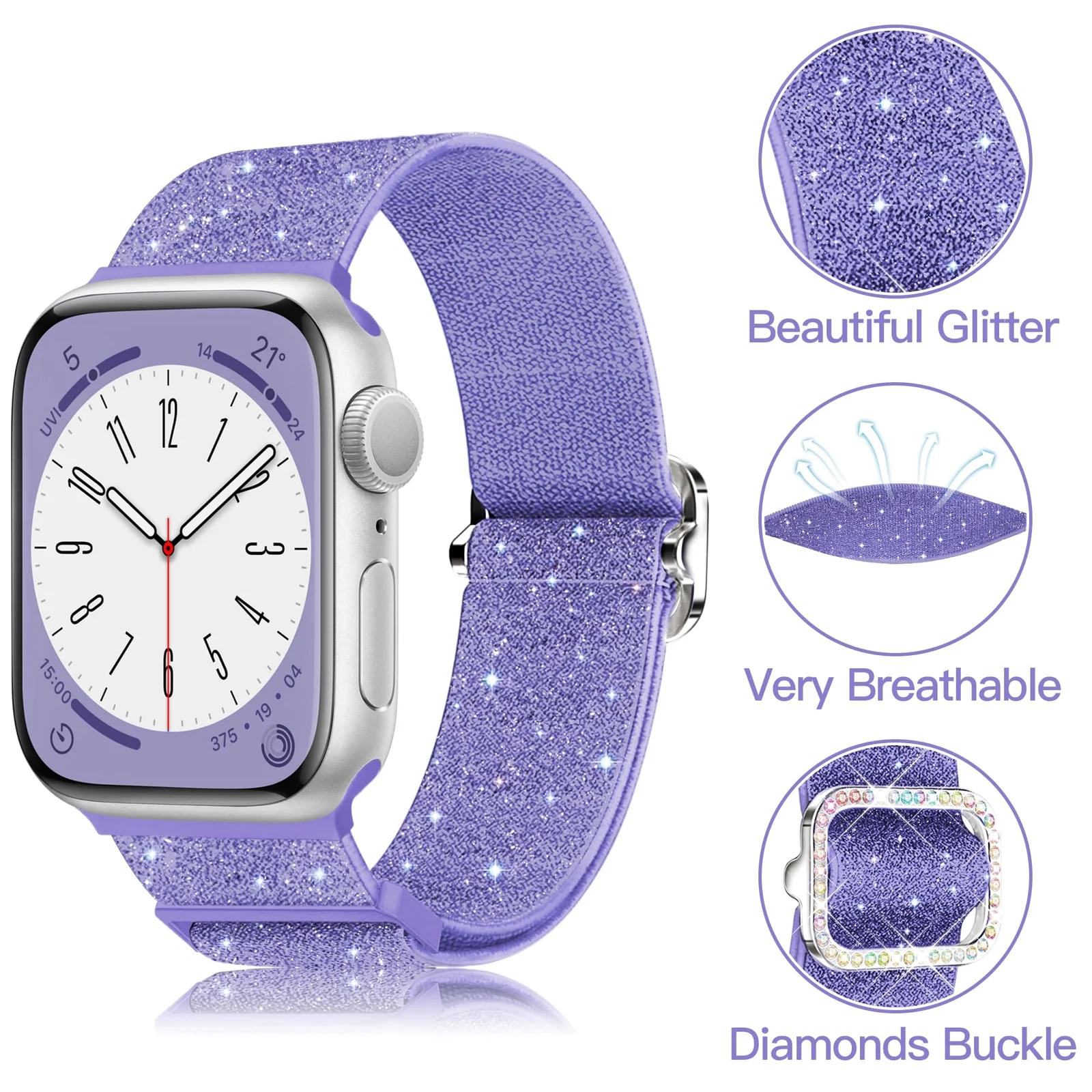 DL3 Mobilak Stretchy Bling Band For Apple Watch 49mm 46mm 45mm 44mm 42mm Women, Nylon Sparkly Strap Solo Loop Glitter Wristband for iWatch Series 11 10 9 8 7 6 5 4 SE3 SE2 SE Ultra 3 2 1 - Light Purple