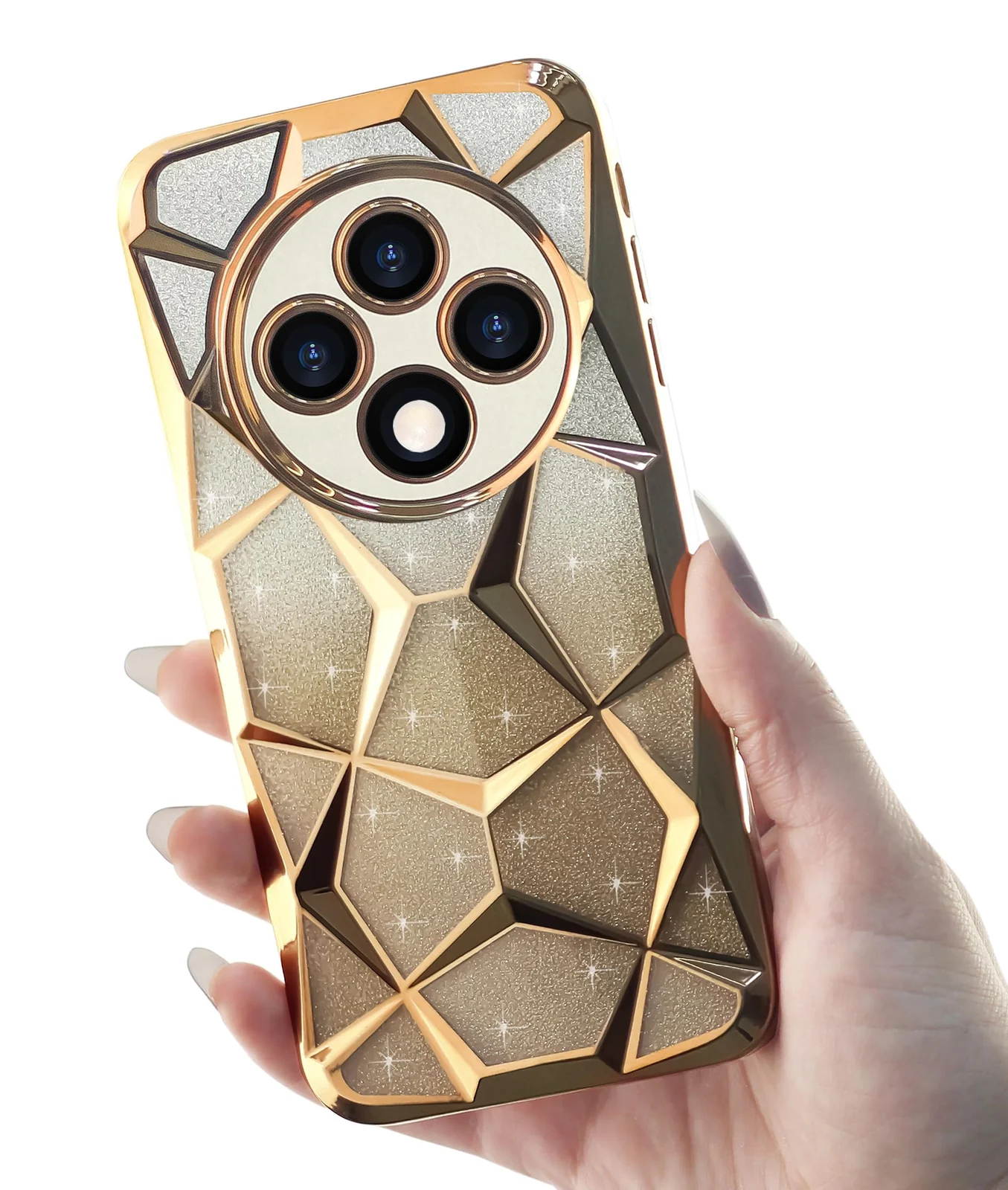 DL3 Mobilak Compatible with OPPO Reno12 F/Reno 12F Case Plating Bling Gradient Glitter Clear Cover Soft TPU Silicone Cute Camera Protection Shockproof Back for Women Girls Case - Gold