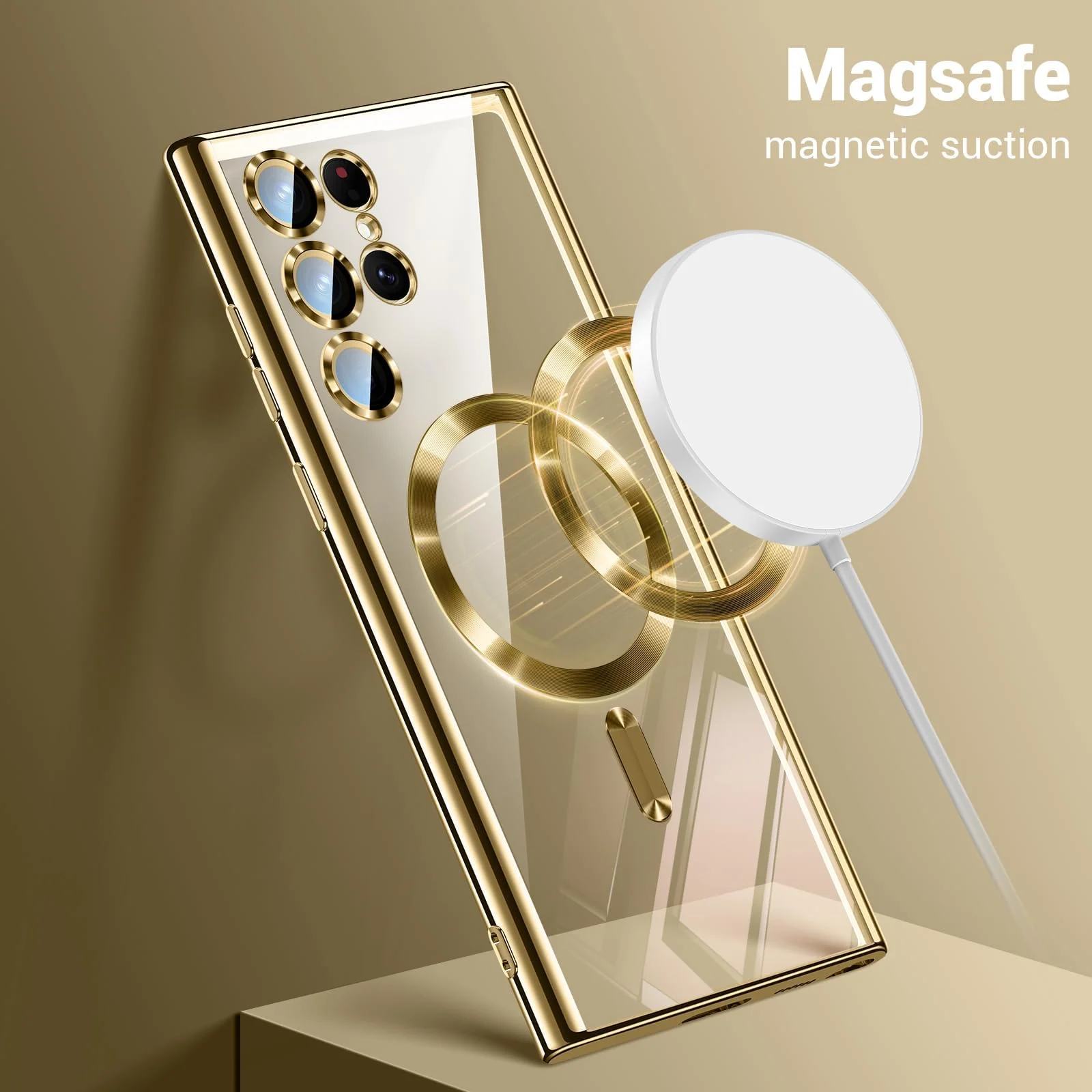 DL3 MOBILAK For Samsung Galaxy S24 Ultra Magnetic Case, Compatible with MagSafe, Built-in Camera Lens Protector, Luxury Plating Soft TPU Clear Shockproof Slim Cover 6.8 inch - Gold