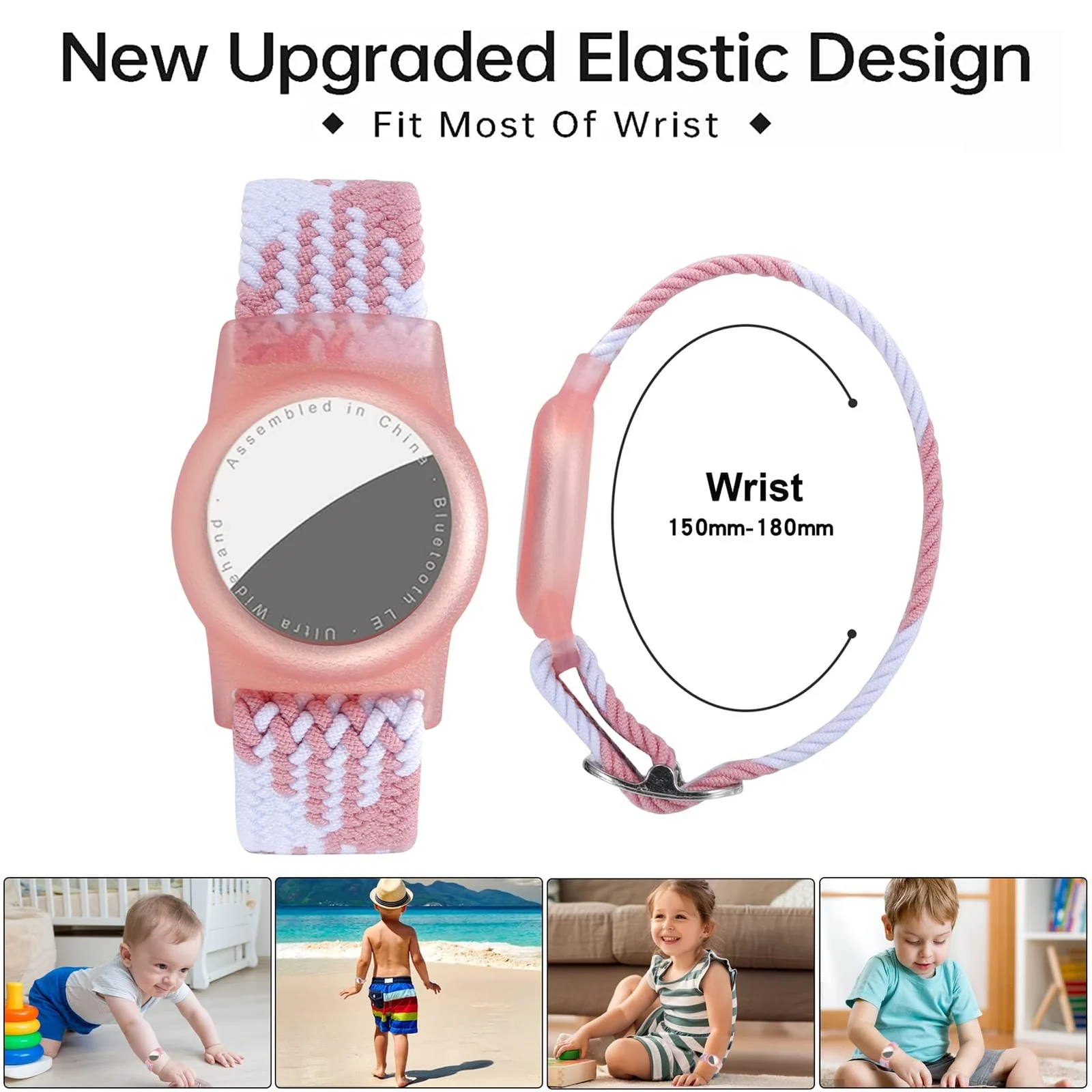 DL3 Mobilak Bracelet for Kids Compatible with AirTag, Nylon Stretch Braided Air Tag Wristband, Protective Case for Airtag GPS Tracker Holder, Adjustable Elastic Watch Strap for Toddler Child Elde - Pink White