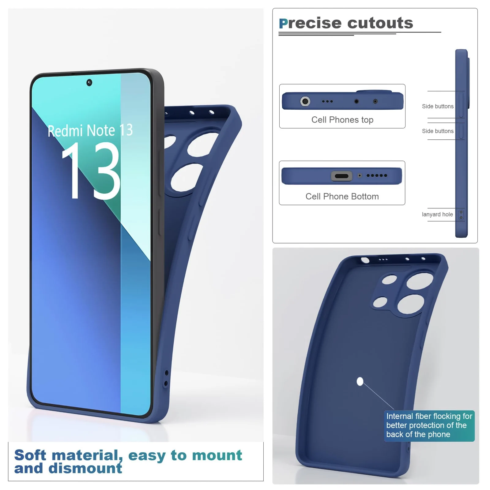 DL3 Mobilak Xiaomi Redmi Note 13 4G Case, Soft Flexible Liquid Silicone Gel Rubber Bumper Cover, Full Body Shockproof Protective Phone Case - Royal Blue
