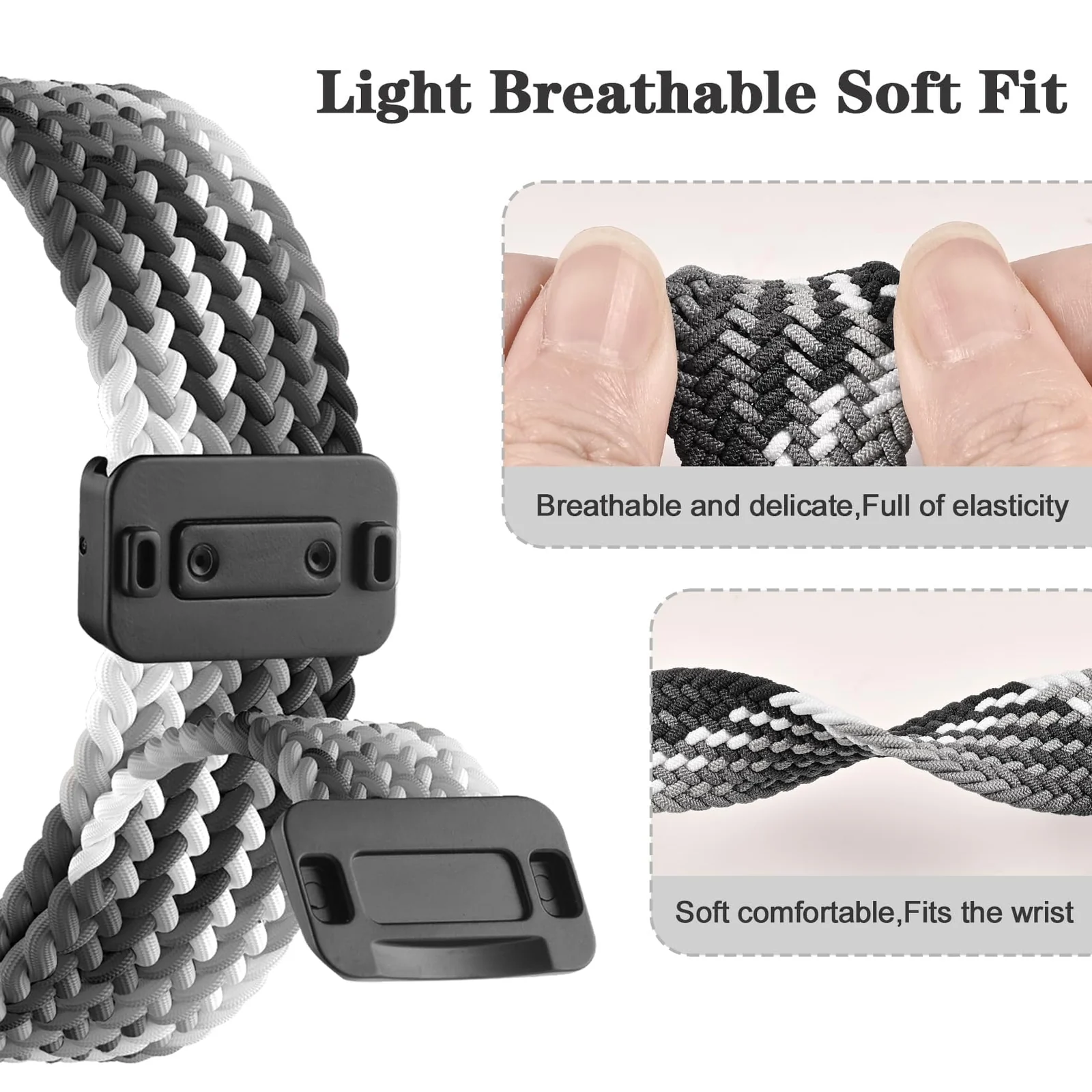 DL3 Mobilak Braided Bracelet Compatible with Redmi Watch 4/5 / 6 / Xiaomi Smart Band 8 Pro/Band 9 Pro, Nylon Magnetic Fabric Elastic Sport Nylon Replacement Strap for Men Women - Colorful Black
