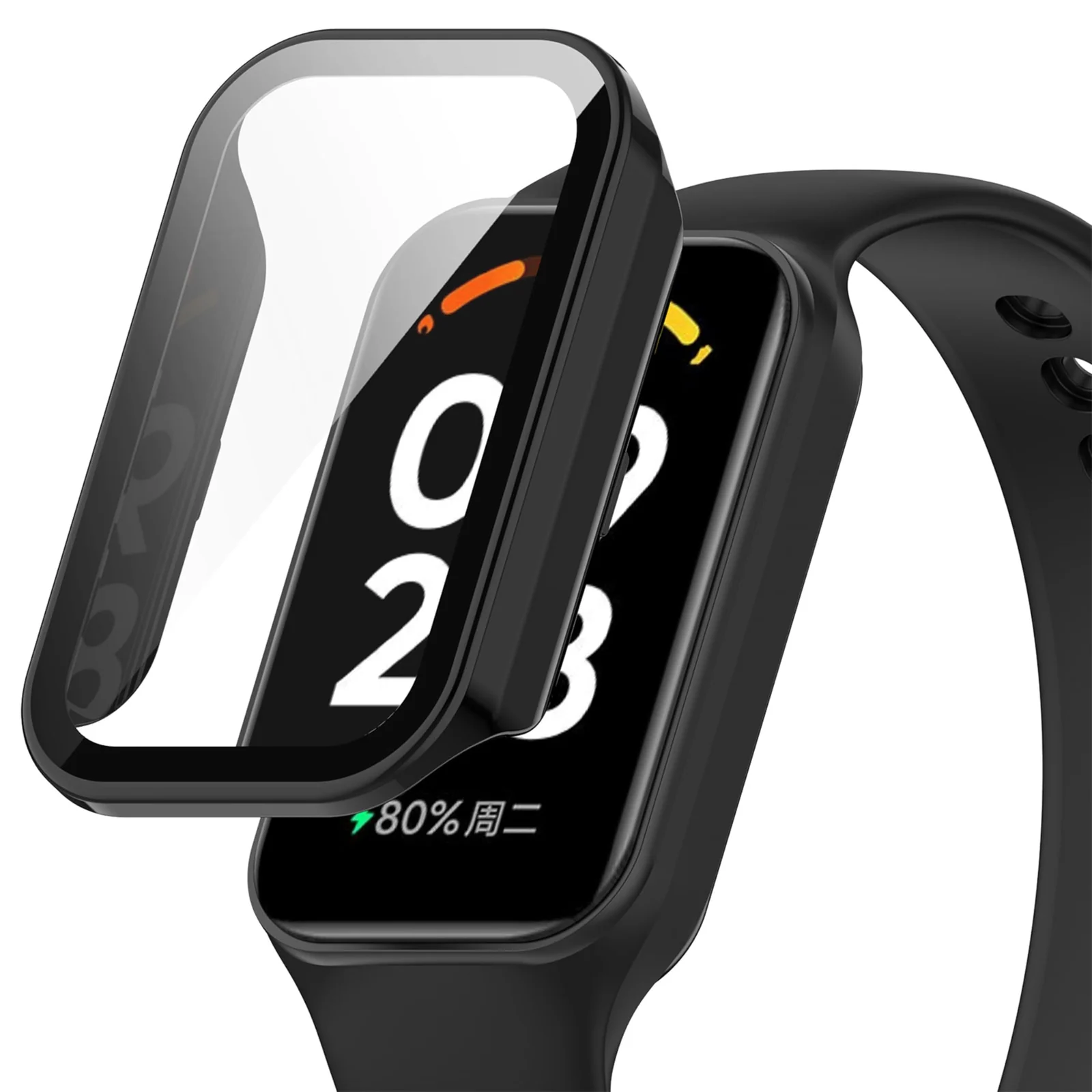 DL3 Mobilak Case Compatible with Xiaomi Redmi Band 2/ Xiaomi Smart Band 8 Active, Full Coverage Slim Hard PC Case Protective Bumper Built-in Tempered Glass Screen Protector Shell - Black