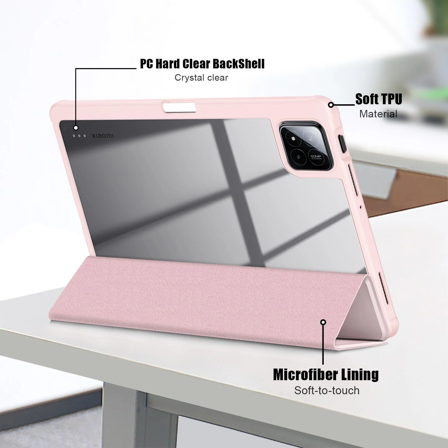 DL3 Mobilak Case for Xiaomi Pad 7 / Xiaomi Pad 7 Pro 2024 11.2 inch, Clear Shockproof Back Cover Built-in Pencil Holder, Auto Sleep/Wake - Pink Sand