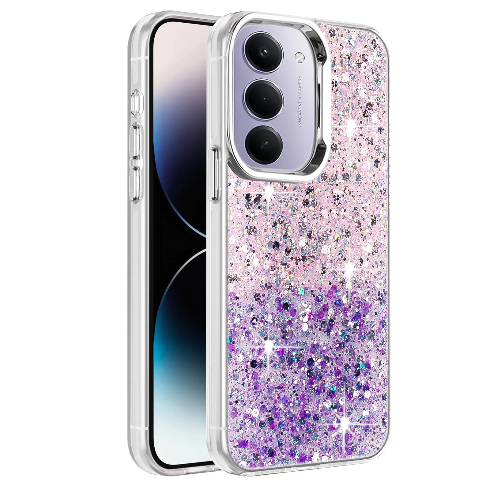 Dl3 Mobilak Compatible with Xiaomi Redmi 15 Case, Clear Glitter Bling Sparkly, Soft TPU Frame Bumper, Hard-Back Cover for Women & Girls, Transparent Protective Phone Case (White Green)