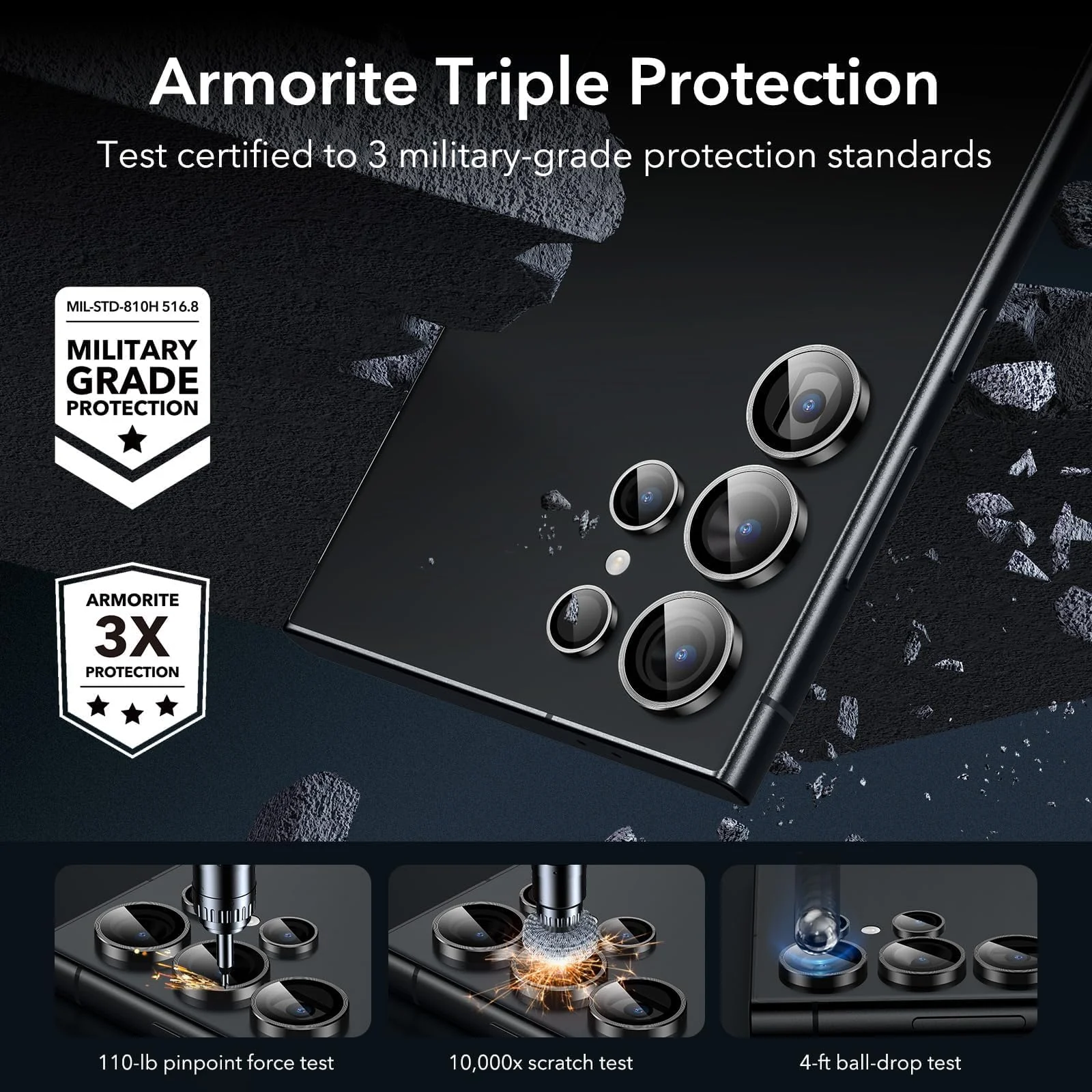 DL3 Mobilak for Samsung Galaxy S22 Ultra Camera Lens Protector, Individual Lens Protectors, Scratch-Resistant Ultra-Thin Tempered Glass with Aluminum Ring Cover, Galaxy S22 Ultra Case Friendly - Black