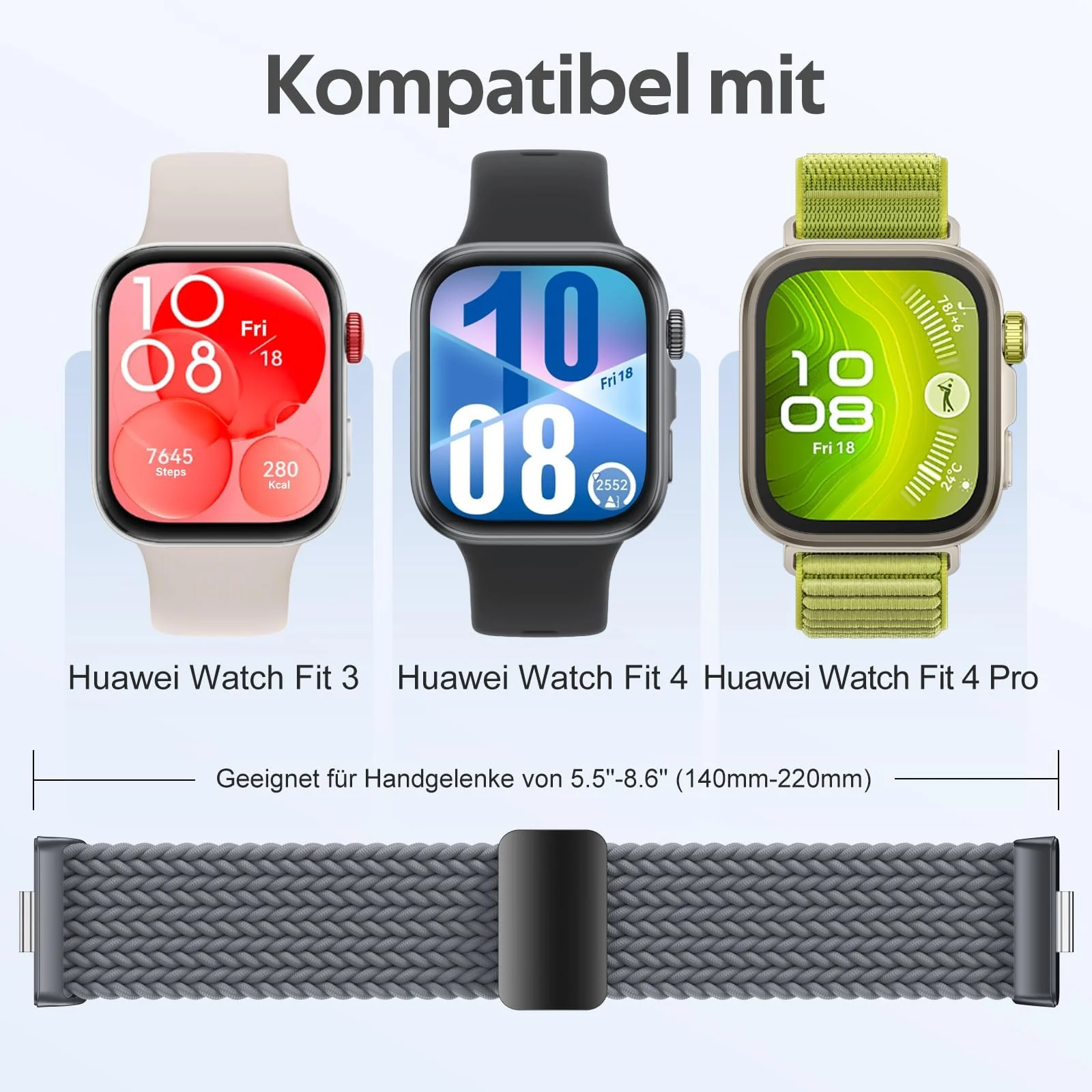 DL3 Mobilak Braided Strap for Huawei Watch Fit 4 / Fit 4 Pro/Fit 3 Bracelet, Quick Release Adjustable Nylon Sport Elastic Loop Band, Anti-Slip Magnetic Buckle Stretchy Nylon Strap - Gray