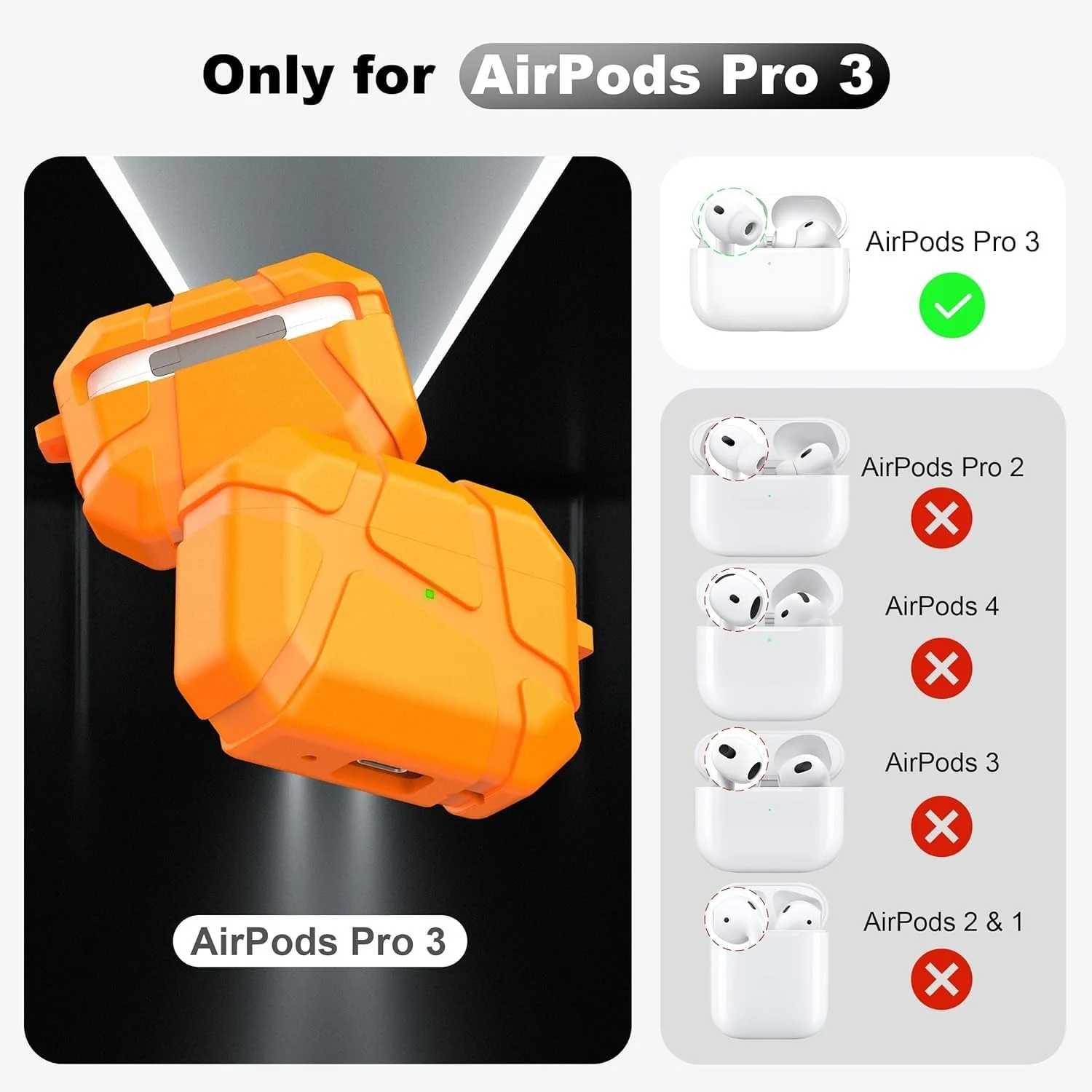DL3 Mobilak AirPods Pro 3 (2025) Case, Shockproof Silicone Protective Case for Apple AirPods Pro 3 (2025) Generation, Hard Shell Design, Anti-Scratch, Front LED Light with Carabiner - Orange