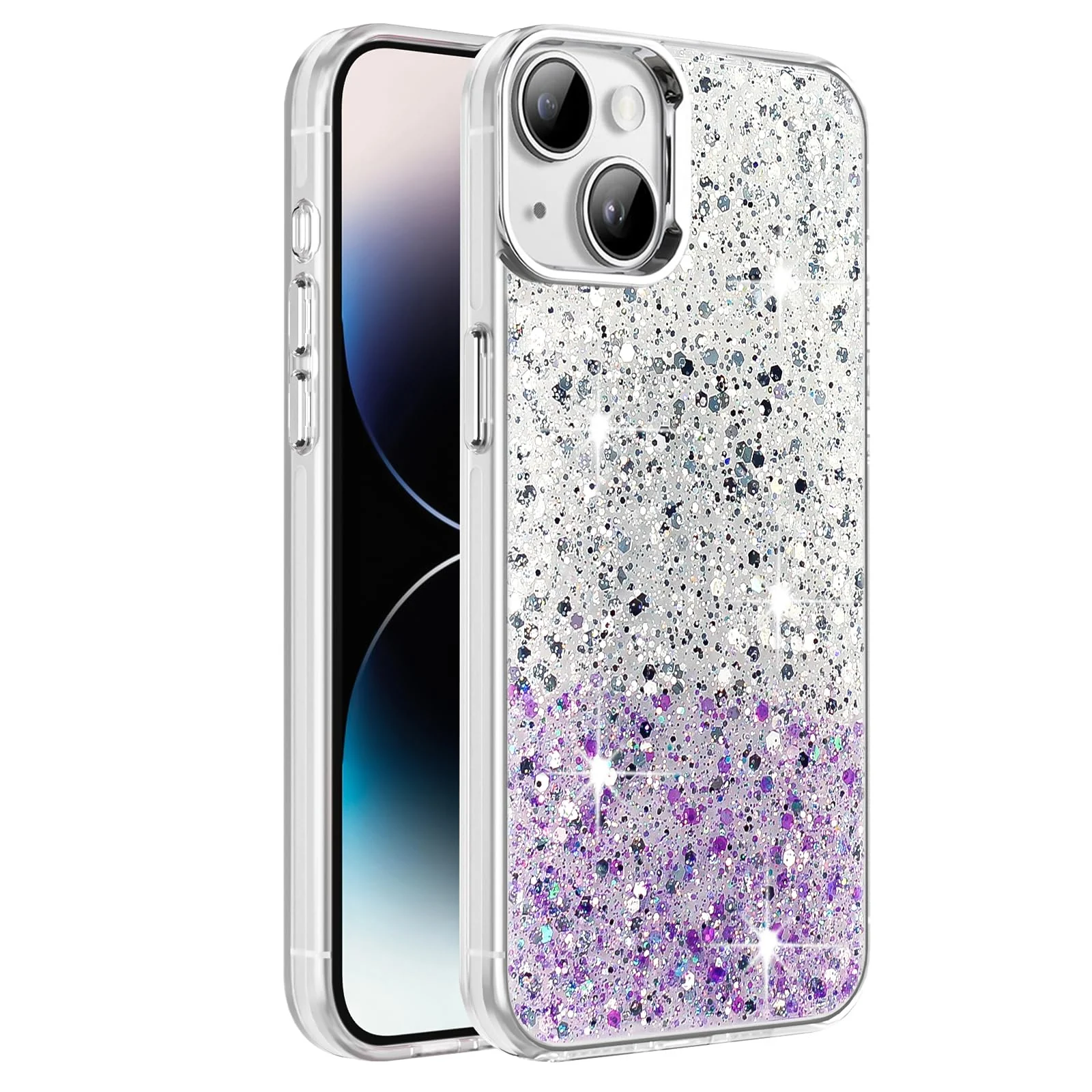DL3 Mobilak Glitter Rhinestone Protective Case for iPhone 14 Case / iPhone 13 with Shockproof Design - White Purple