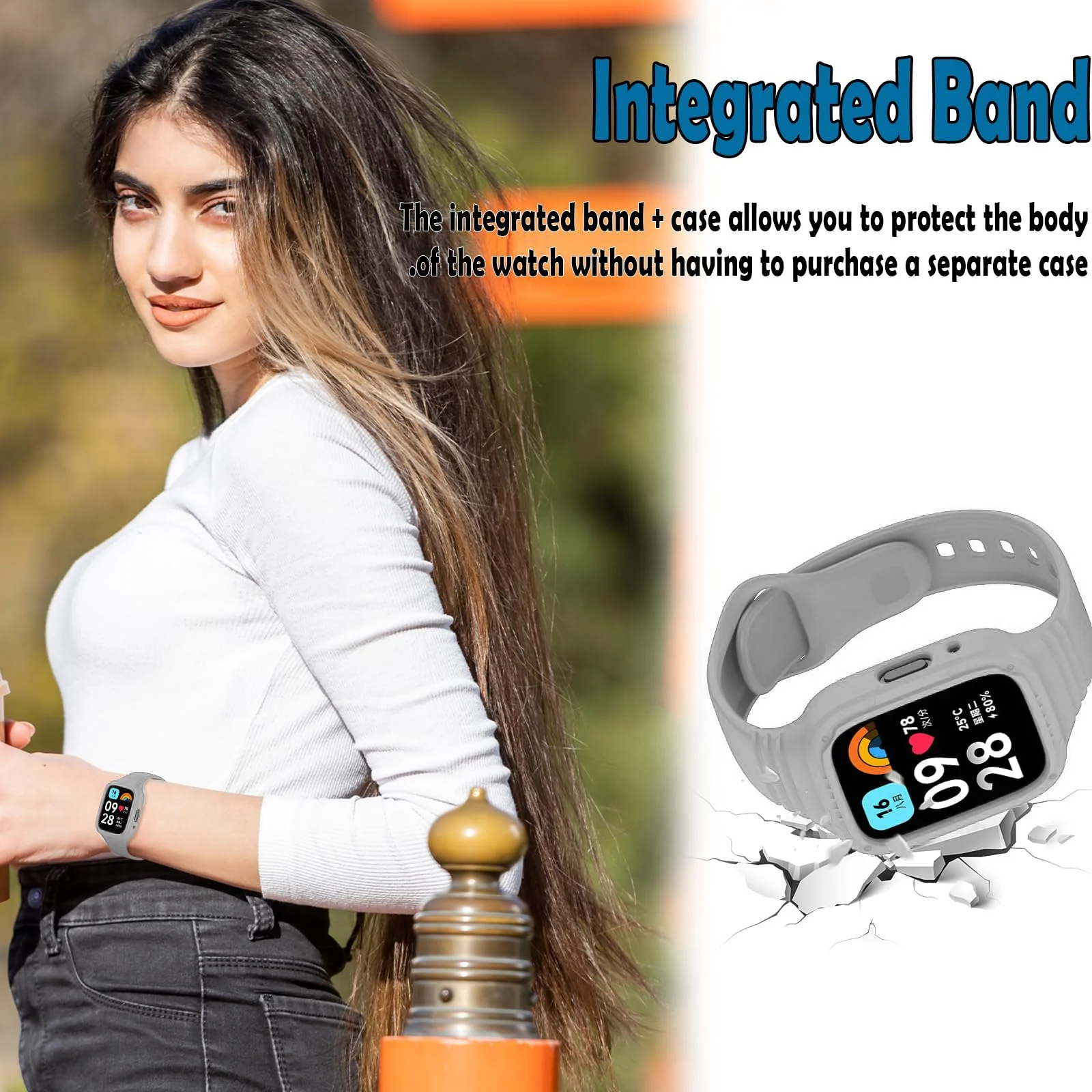 DL3 Mobilak Strap With Cover Compatible with Xiaomi Redmi Watch 3 Lite/Redmi Watch 3 Active, Silicone Sport Band Replacement Watchband with Bumper Case, Adjustable Wristband - Gray