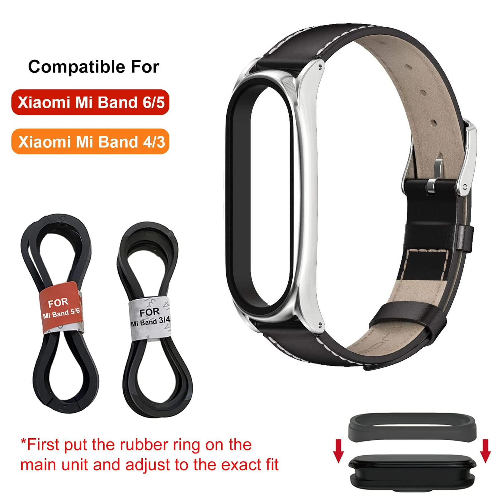 DL3 Mobilak Strap for Mi Band 6, Mi band 5, Mi Band 4, Mi Band 3 Genuine Leather Replacement Strap Watch Wrist Band Smart Bracelet Accessories for Xiaomi Mi 6 5 4 3 Fit Band - Black