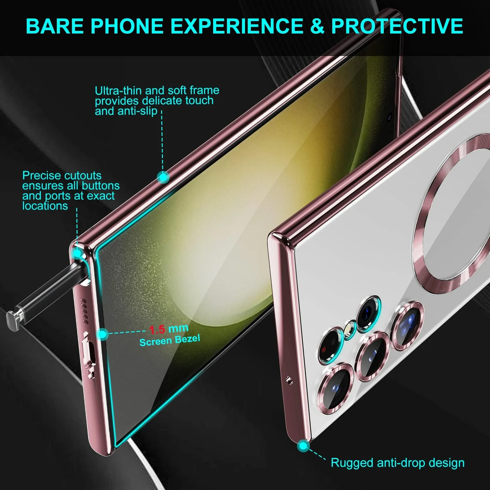 DL3 Mobilak Clear TPU Case for Samsung Galaxy S23 Ultra Compatible with, Compatible with MagSafe accessories, Supports wireless charging, Camera protection - Pink