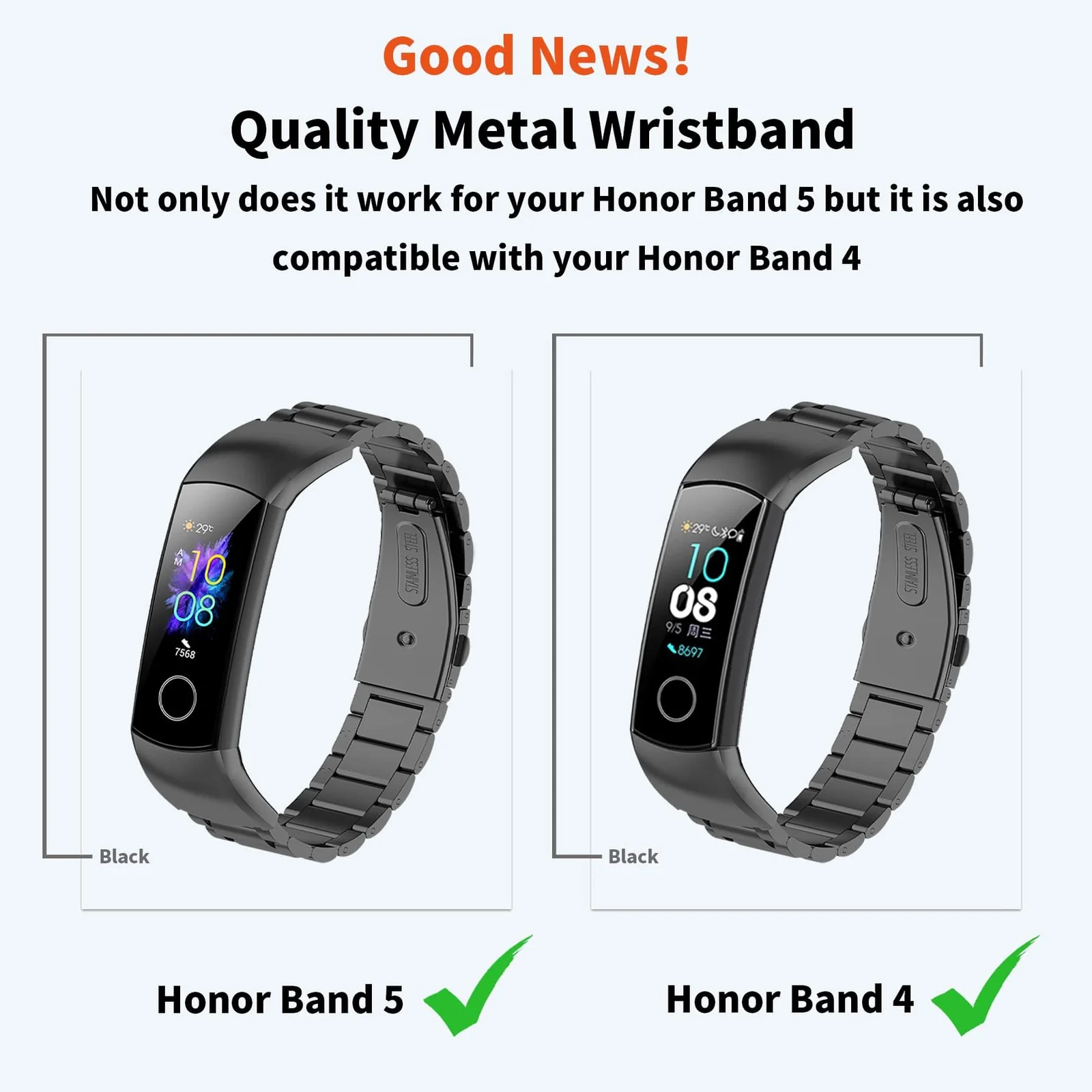 DL3 Mobilak Metal Strap Compatible With HONOR Band 5 and 4 - Adjustable Stainless Steel Buckle Wristband Replacement for Honor Band 5/4 - Black