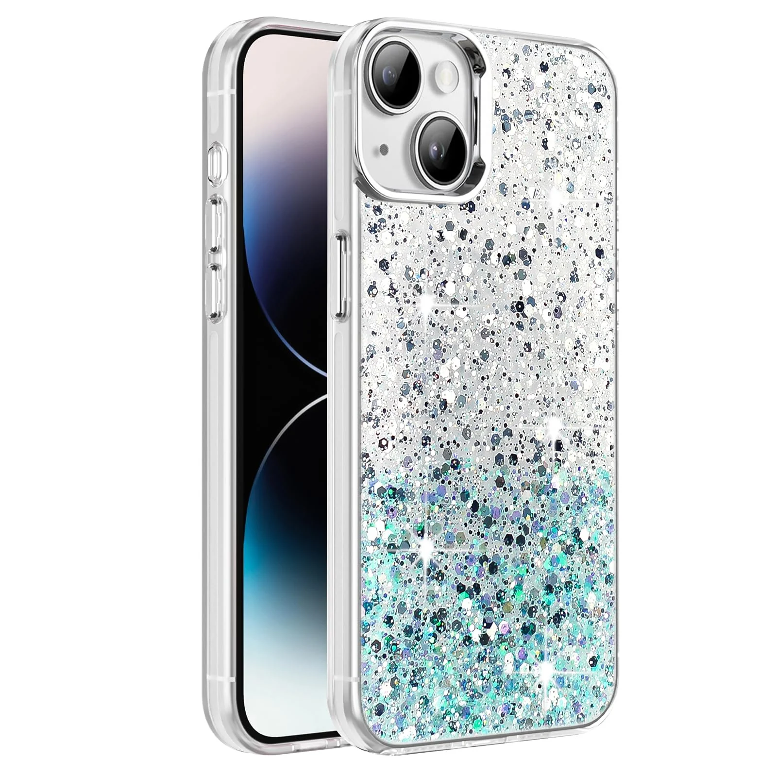DL3 Mobilak Glitter Protective Case for iPhone 15 (6.1 Inch), Supports wireless charging, Camera protection, Shock-absorbing protection - White Green